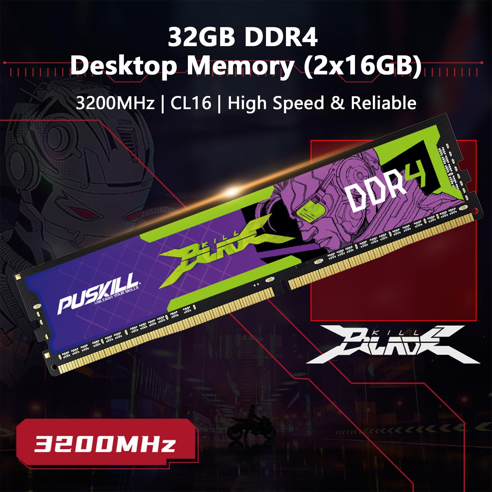 PUSKILL DDR4 32GB (2x16GB) 3200MHz PC RAM | CL16-18-18-42 | 1.35V