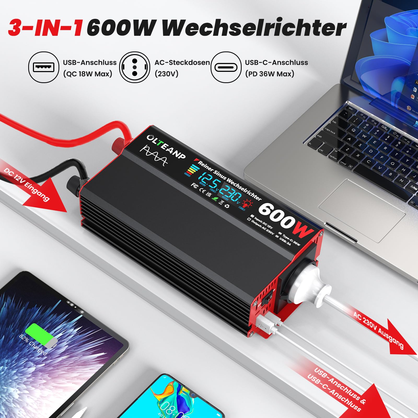 OLTEANP Inverter Da 12Va 230V a Onda Sinusoidale Pura, Convertitore Di Tensione 600W Con Display LCD, Prese AC, Connessione 36W Type-C, Connessione Usb 5V/3A Per Camion, Case, Veicoli