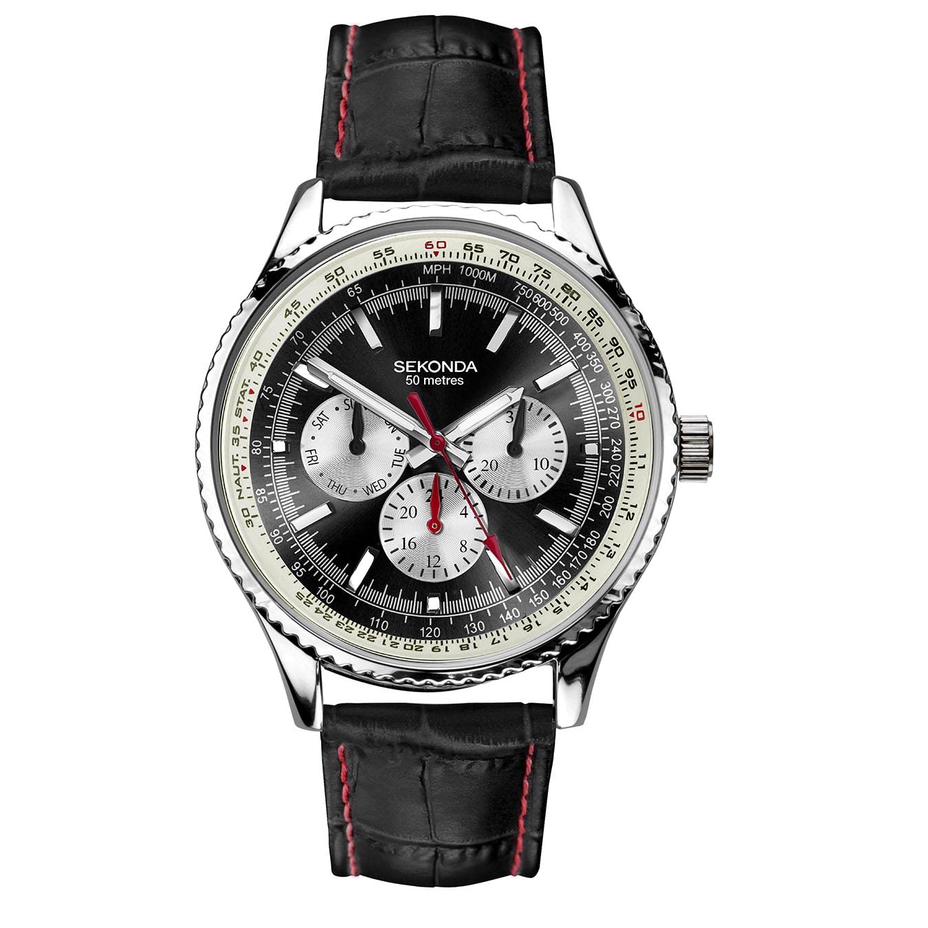 Sekonda Maverick Men’s 43mm Quartz Watch in Black with Analogue Display, and Black Leather Strap 30035