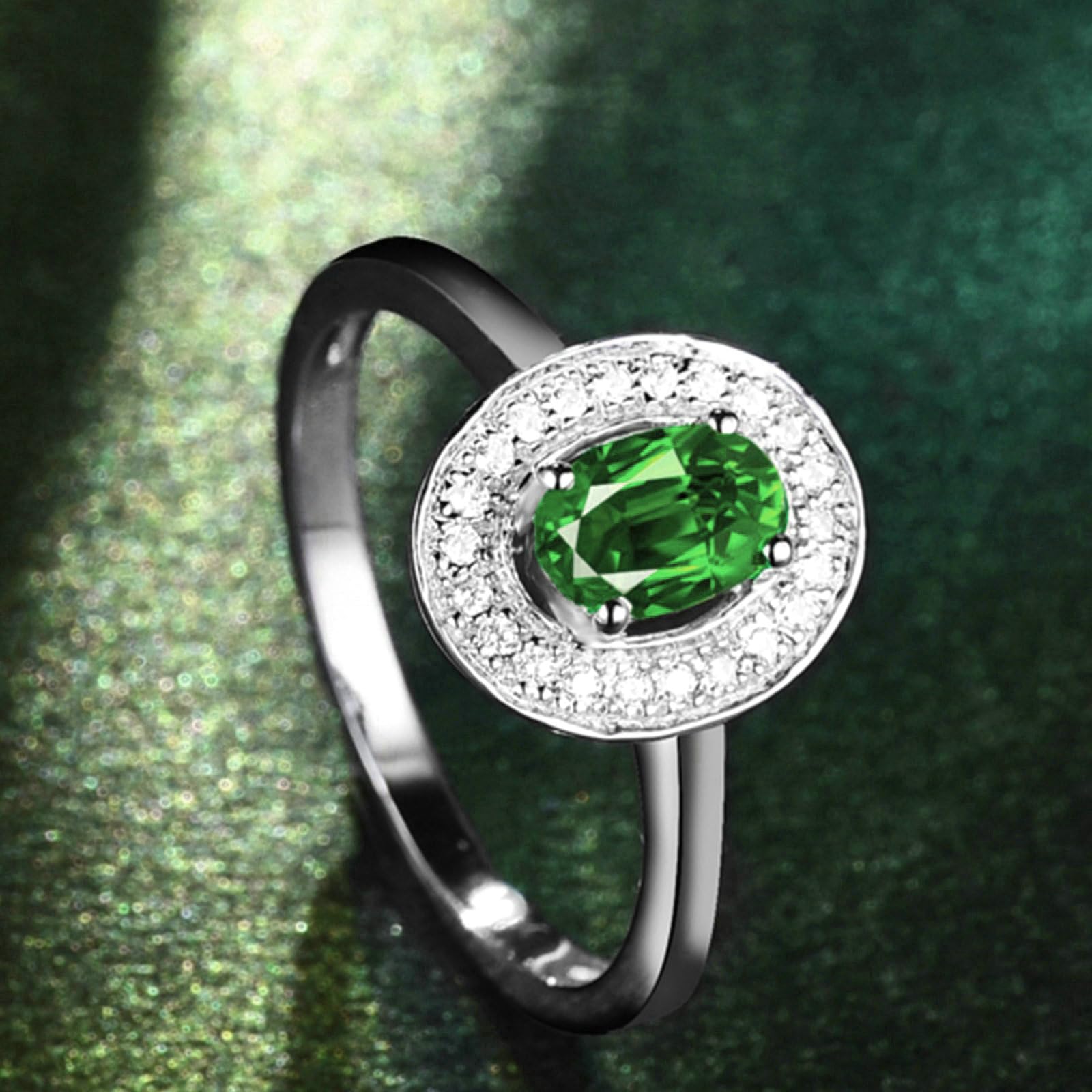 Anillo de compromiso de platino para mujer, talla H 1/2-V 1/2, anillos de boda halo con esmeralda ovalada de 1 ct y moissanita