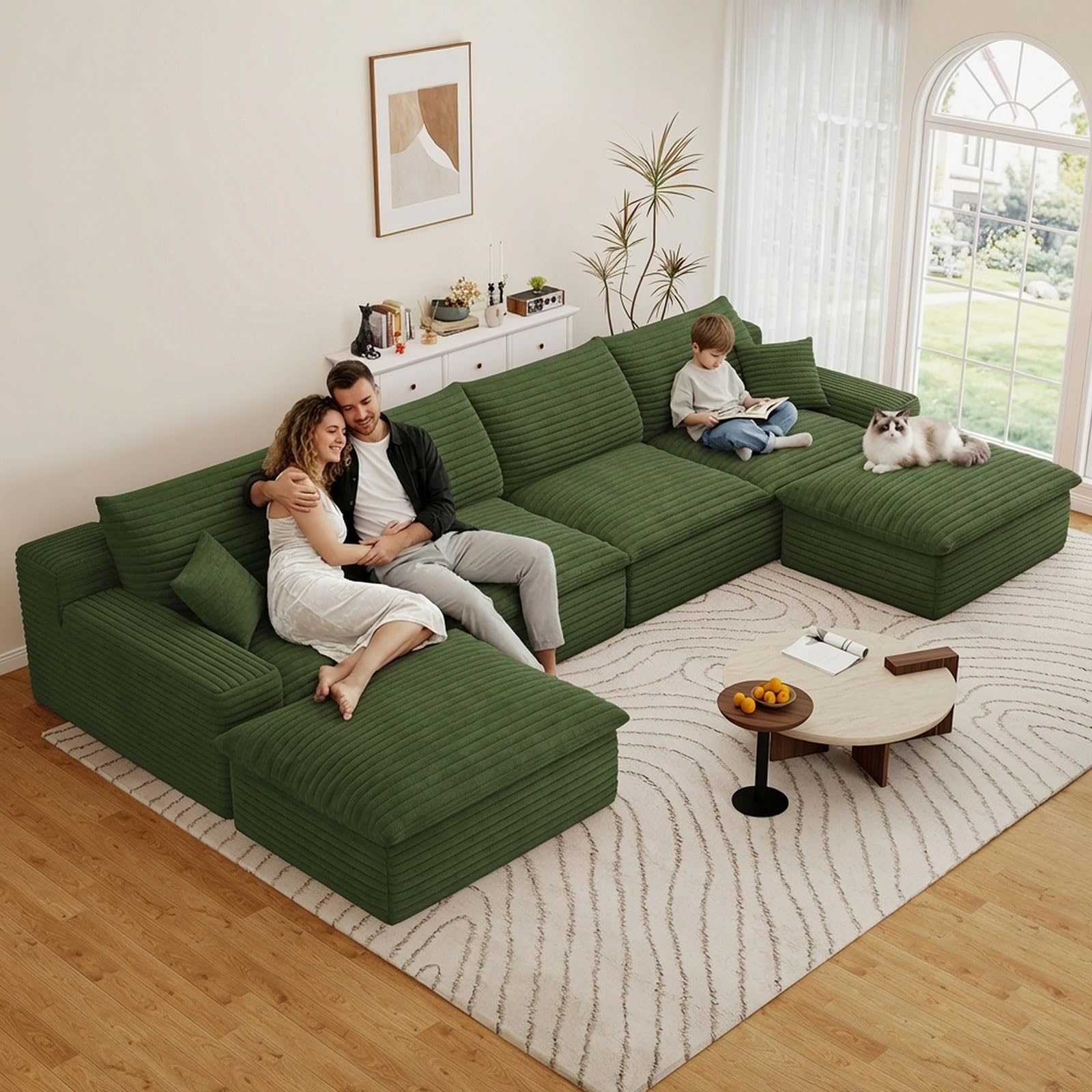 136" Cloud Couch Modular Sectional Sofa for Living Room, U-Shape Boneless Couch with Deep Seat, Modern Corduroy 4-Seater with Ottomans, No Assembly Required, Green