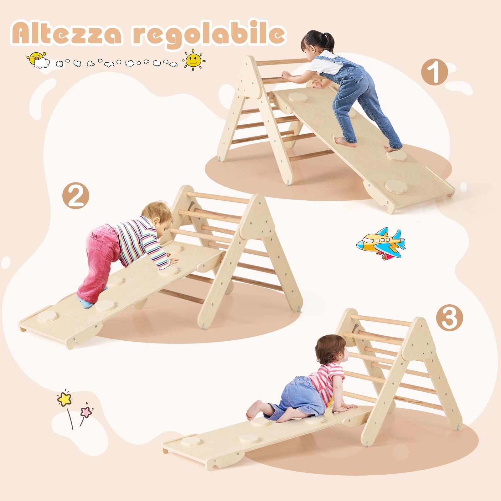 COSTWAY 4 in 1 Set da Arrampicata per Bambini, Giocattoli da Arrampicata a Triangolo con Triangolo Arco e Salita, Ideale per Bambini 1 Anni + (Naturale)