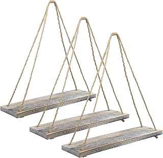 Excello Global Products Rustic Distressed Wood Hanging Shelves: 17-Inch with Swing Rope Floating Shelves (Whitewashed - Pack of 3)