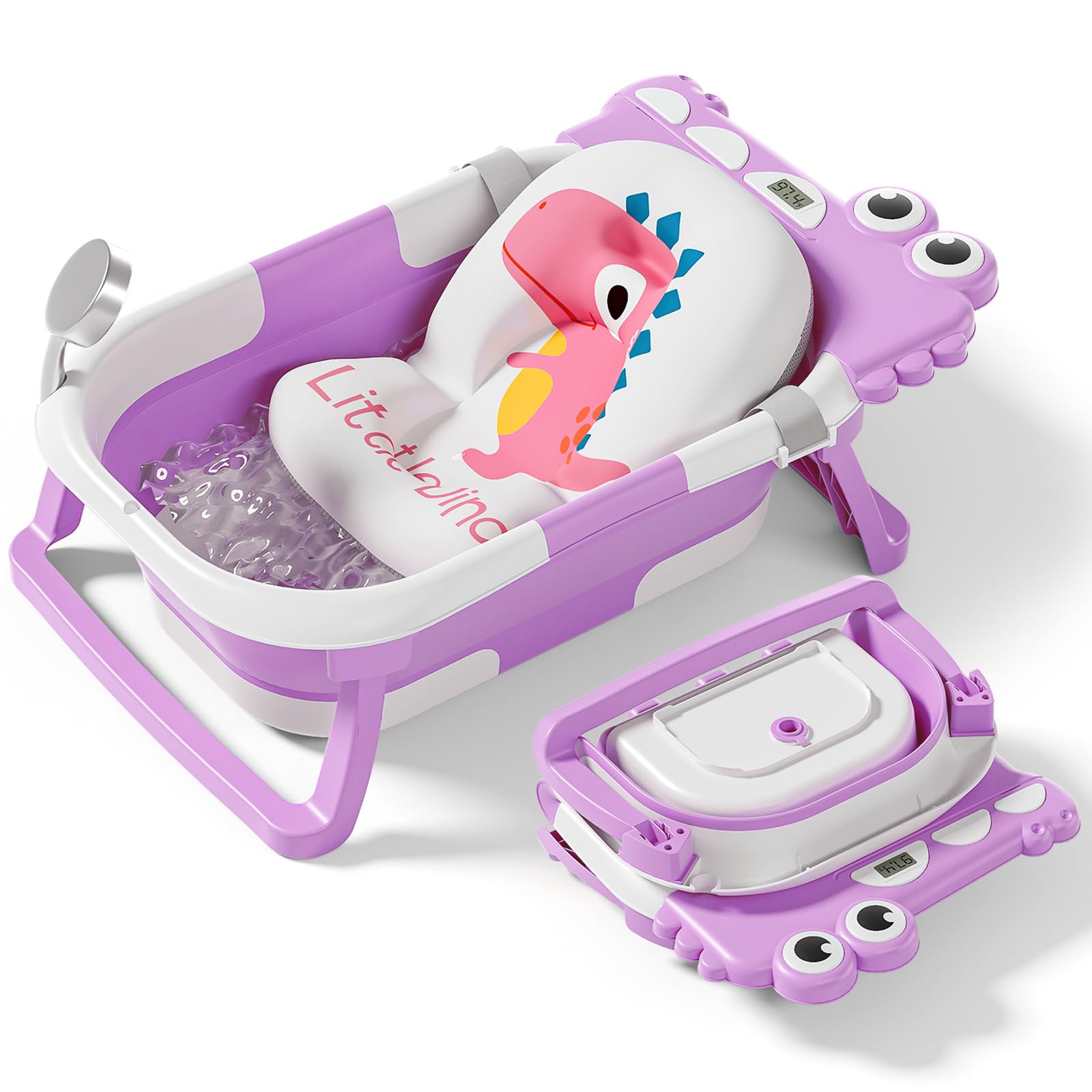 Collapsible Baby Bathtub for Newborn, Foldable Baby Bath Tub with Thermometer & Soft Floating Cushion & Drain Hole, Portable Travel Infant Bath Tubs for Newborns to Toddlers 0-36 Months Girls