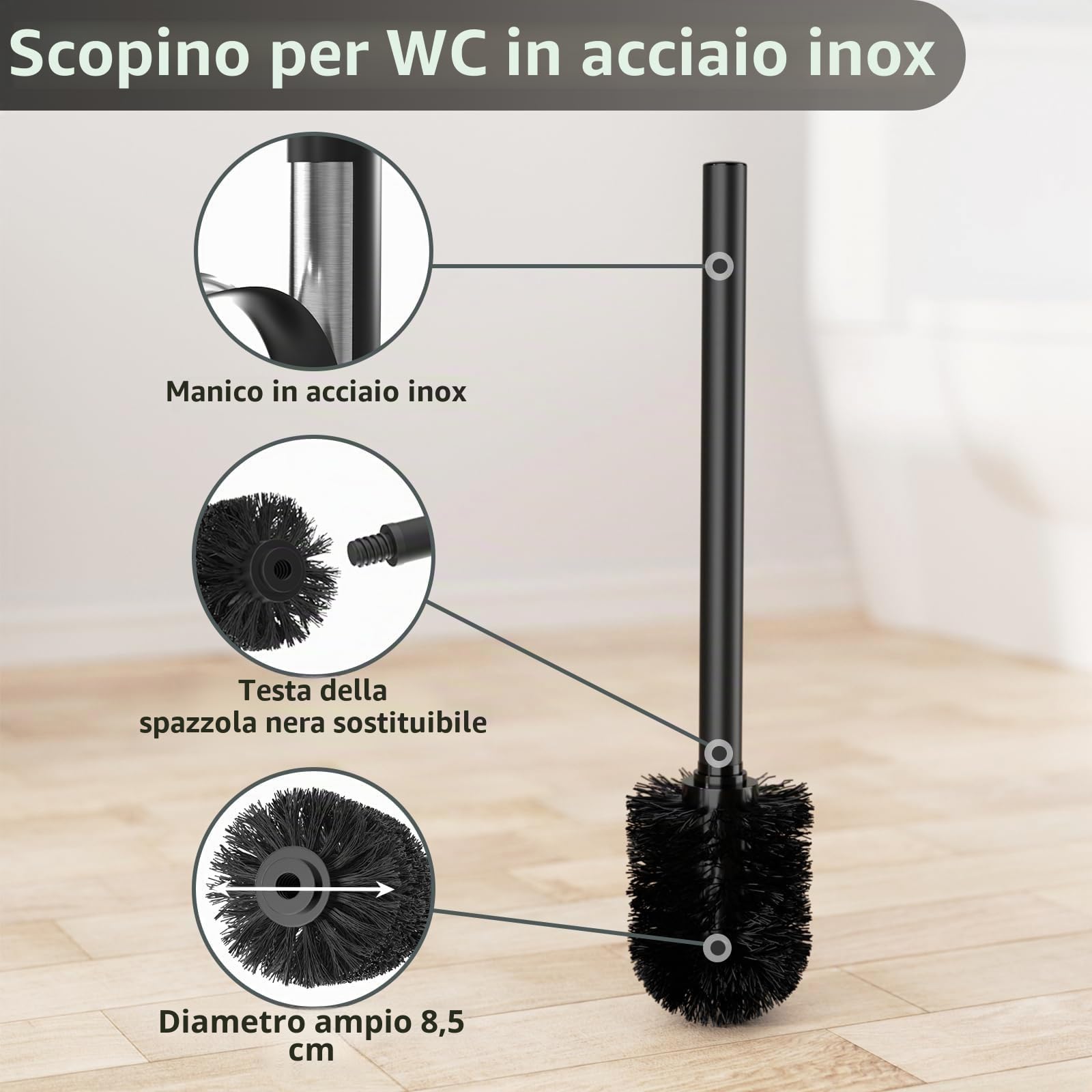 Susswiff Piantana Portarotolo e Scopino - Nero, Acciaio Inox Portarotolo Carta Igienica con Spazzolino WC, Porta Rotoli Cartaigienica Bagno, in Piedi
