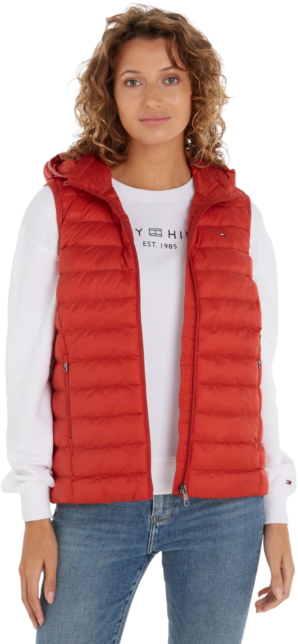 Tommy Hilfiger Damen Weste Padded Global Stripe Vest mit Kapuze