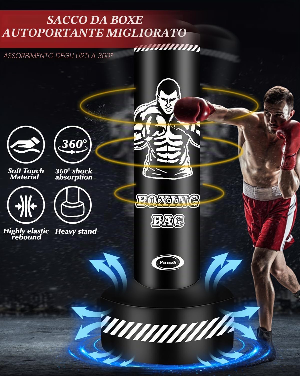 Sacco da boxe per adulti, 180 cm, autoportante, gonfiabile, pesante, con supporto, per MMA, Muay Thai, fitness, attrezzature da allenamento per uomini e donne