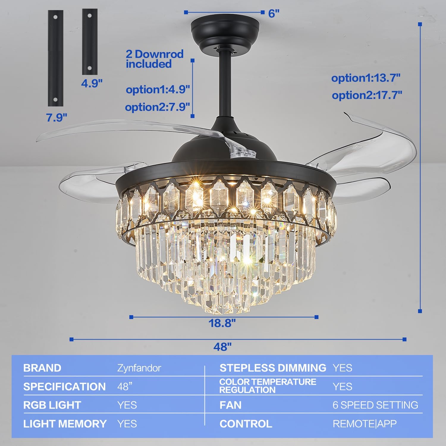 48" RGB Ceiling Fan with Light and Music Player,Bluetooth Retractable Blades Crystal Fandelier Speaker LED Chandelier 6-Speed APP Control Quiet Motor Remote Control for Bedroom Black