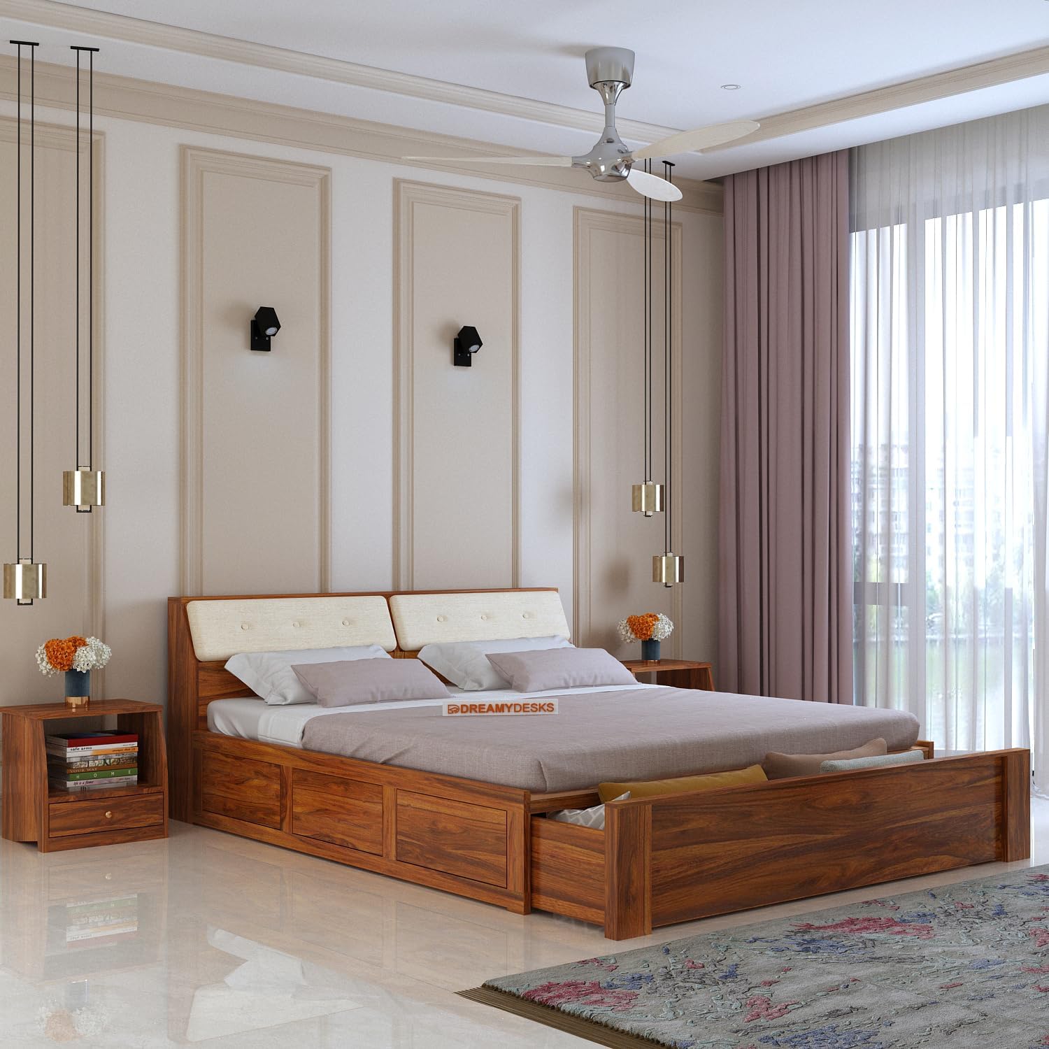 Dreamydesks Sheesham Wood Queen Size Bed with Drawer Storage Cot - Wooden Diwan Cot - Solid Wood Double Bed with Drawer Storage for Bedroom Living Room Home Decor Furniture (Honey, Queen Size Drawers)-image-37