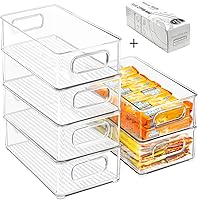 Beauty Cottage Stackable Clear Refrigerator Bins, 6 Pack with Handles & 20 Bonus Plastic Bags - BPA Free Kitchen Pantry Organizers, Food Safe 10"L