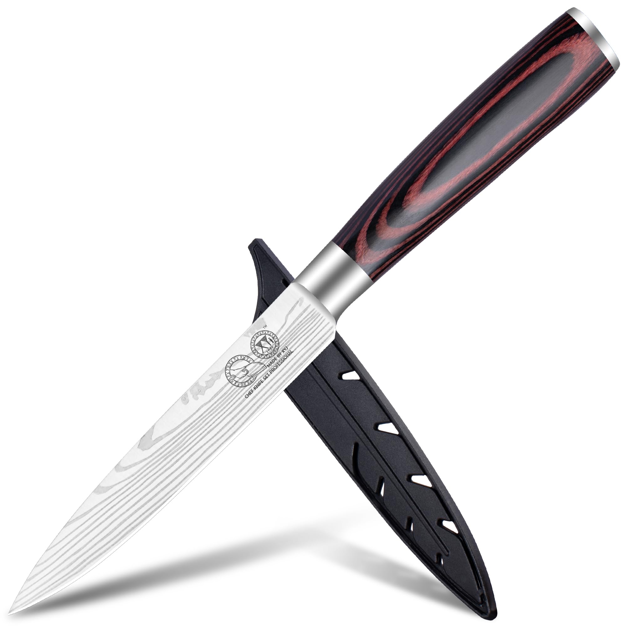 XYJ Autentico dal 1986, coltello da cucina multifunzione da 5 pollici, coltello da bistecca in acciaio inossidabile, coltello per affettare frutta e verdura, coltello macellaio con fodero
