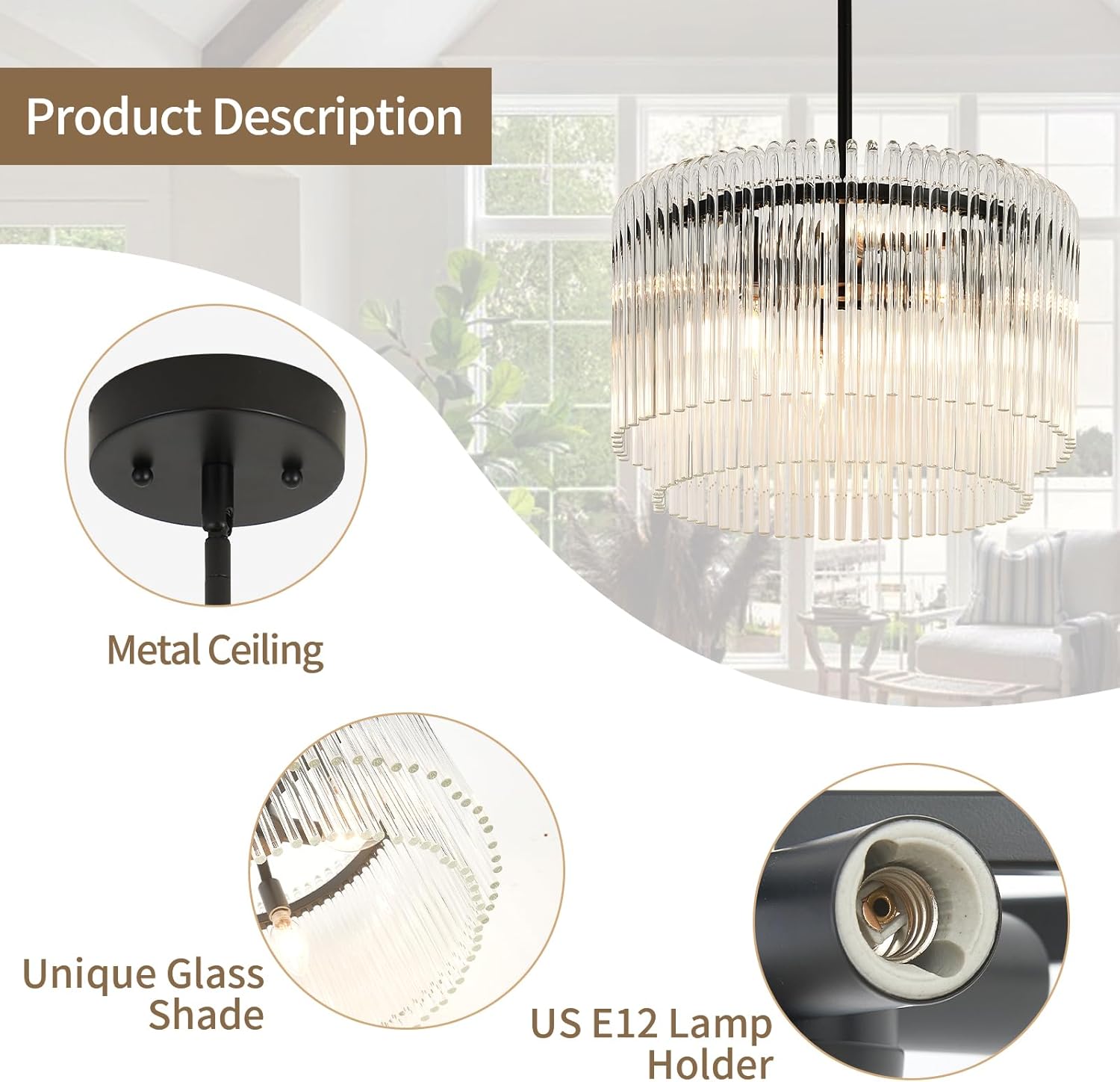 15.44" Drum Chandeliers Dining Room Black Modern Round Glass Brushed Nickel Chandelier 6-Lights with Crystals for Living Room Kitchen Island Entryway Foyer Stairway Light Fixture