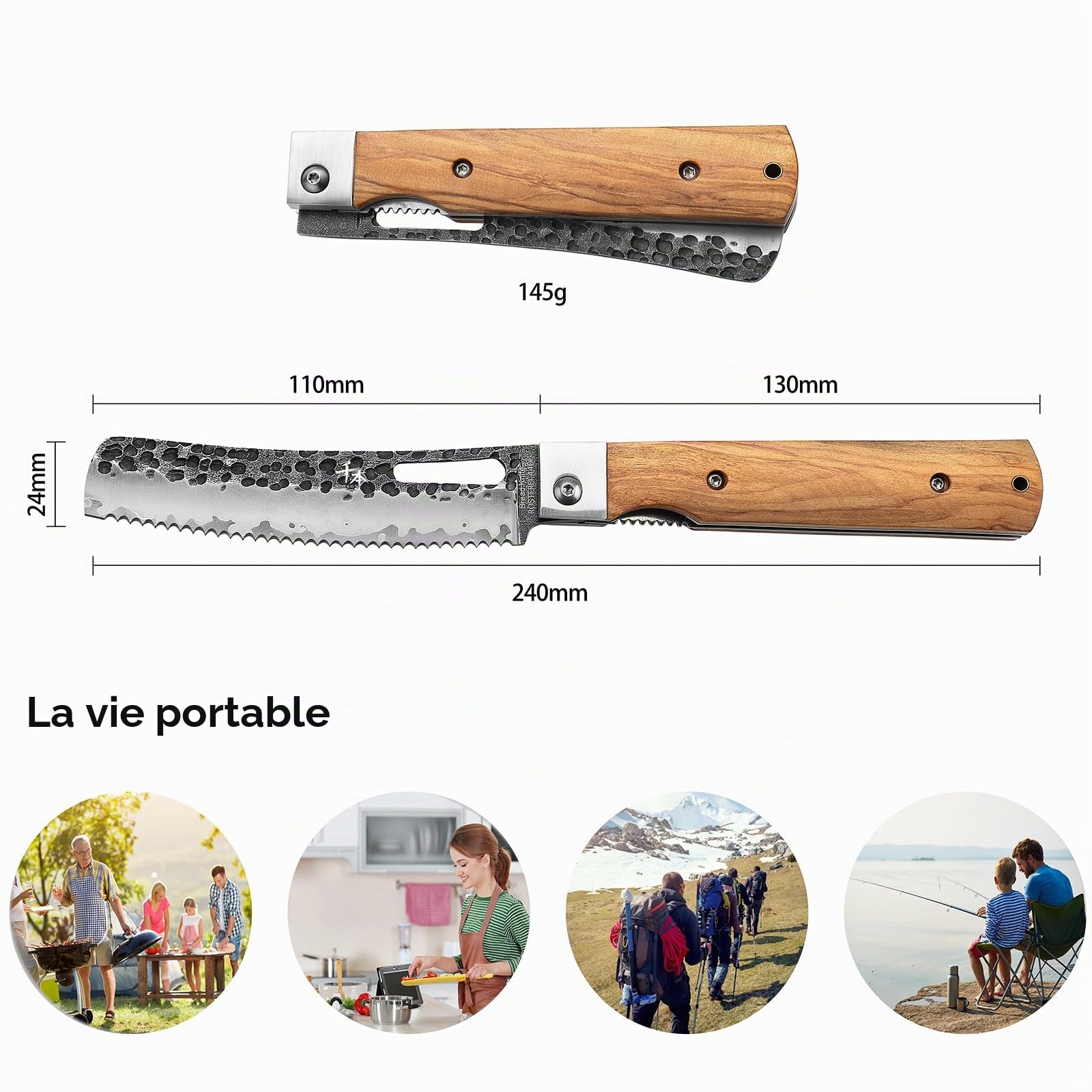 SENBON 440 Couteau à Pain Pliant Acier Inoxydable Camping Portable Manche Olive
