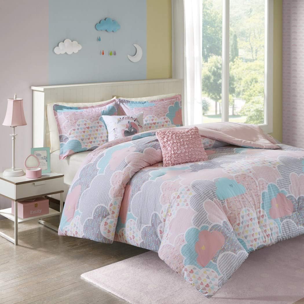 light blue and pink comforter