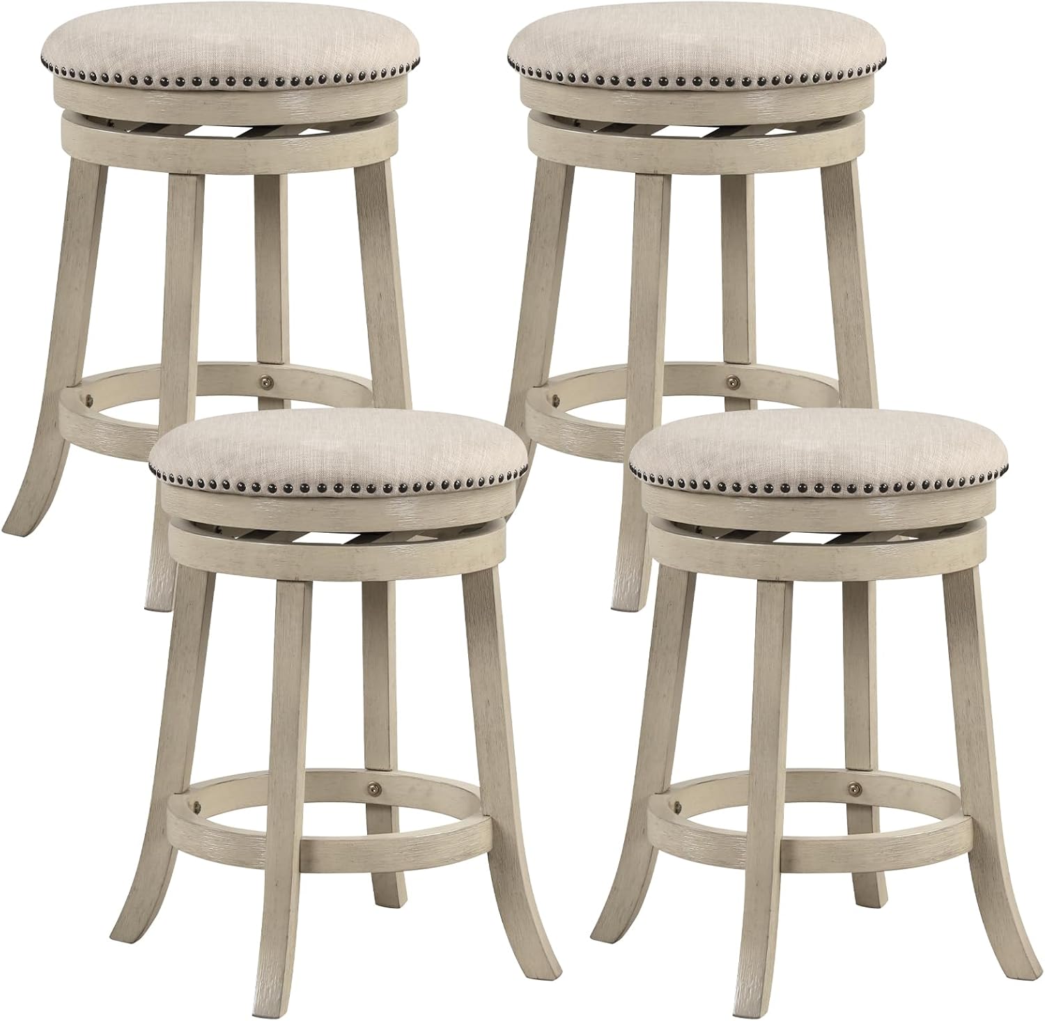 COSTWAY 360° Swivel Bar Stools Set of 4, 26.5" Upholstered Counter Height with Footrest, Beige Wooden Frame for Kitchen Island