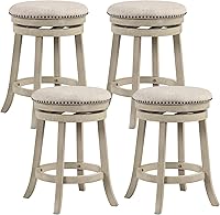 COSTWAY 360° Swivel Bar Stools Set of 4, 26.5" Upholstered Counter Height with Footrest, Beige Wooden Frame for Kitchen Island