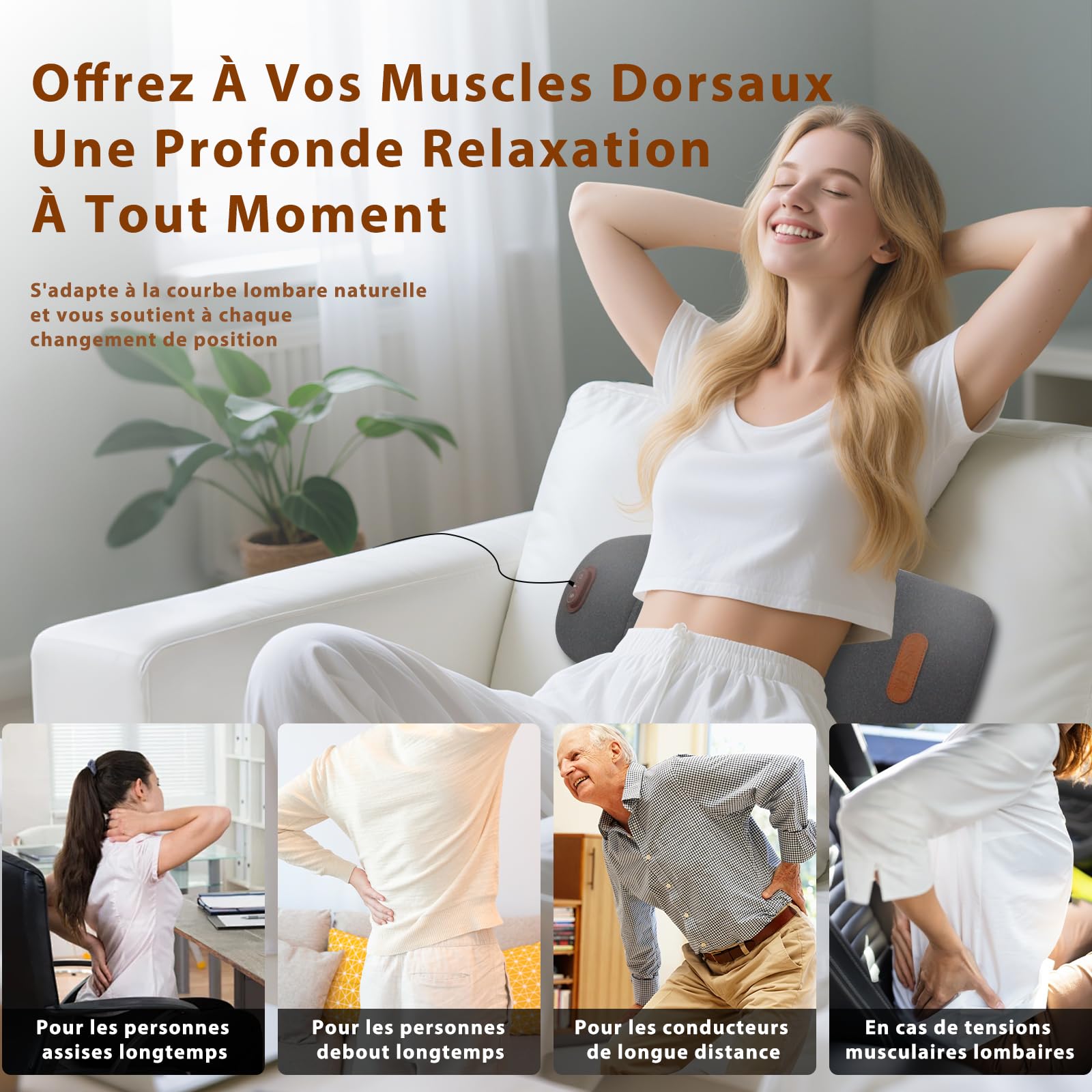 Appareil Massage 3 En 1, Masseur Lombaire Et Sciatique avec chaleur et massage par vibration, Thérapie Du Dos Triple Action avec fonction de traction Pour La Nuque, Les épaules Et Le Dos