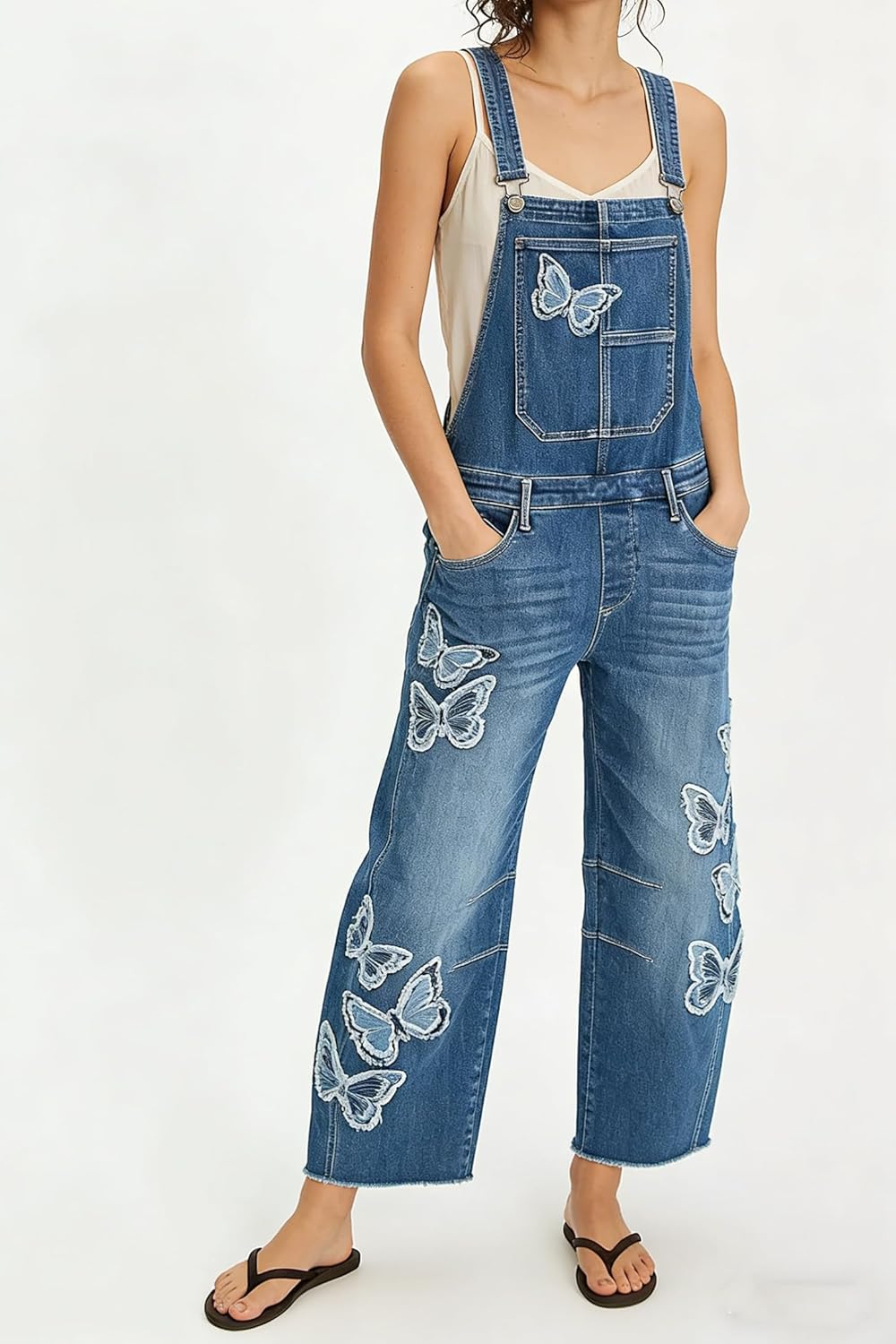 CHARTOU Women Y2k Butterfly Embroidered Denim Overalls Cropped Baggy Barrel Jeans Adjustable Bib Wide Leg Jumpsuits