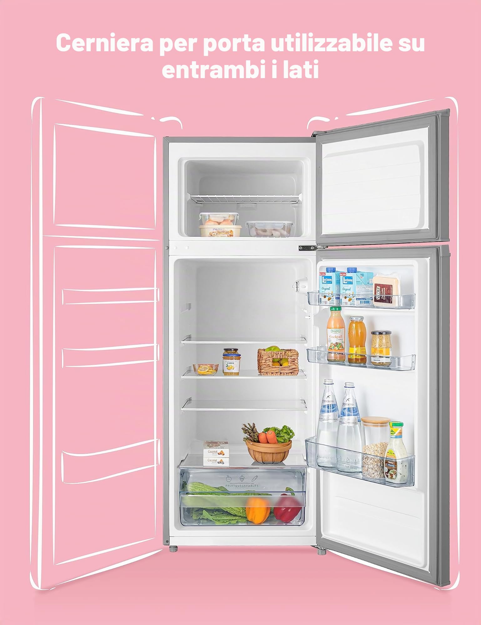 Comfee RCT284DS2 Frigorifero/congelatore/congelatore superiore/176 kWh/anno/altezza 143 cm/luce LED/cerniera per porta reversibile/argento