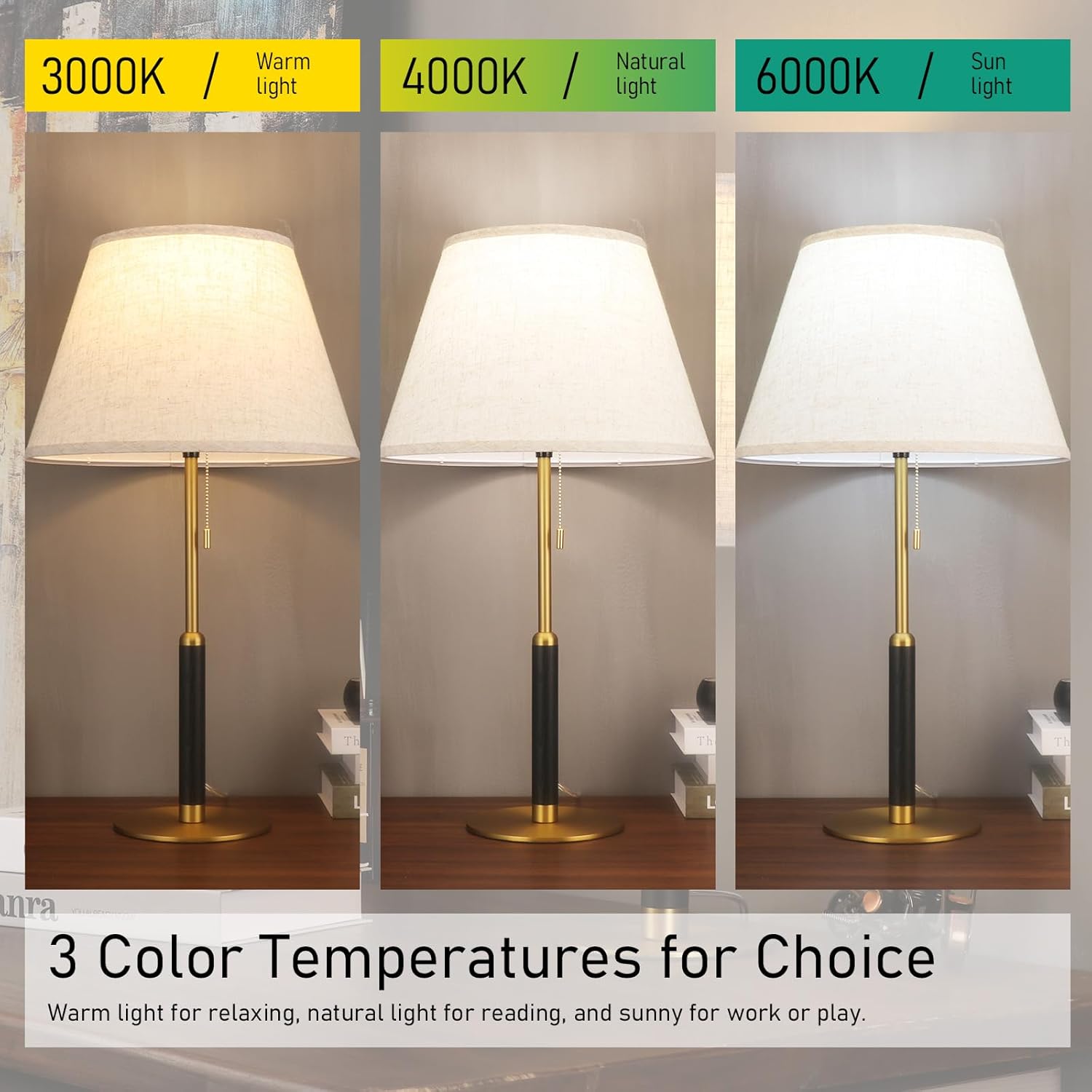 26.4" Set of 2 Mid Century Living Room Modern Table Lamp with Pull Chain, Bedside Lamps for Bedroom 3-Color Light, Wood/Metal/Fabric Nightstand Lamp for Home/Office/Desk (Light Brown+Brass)