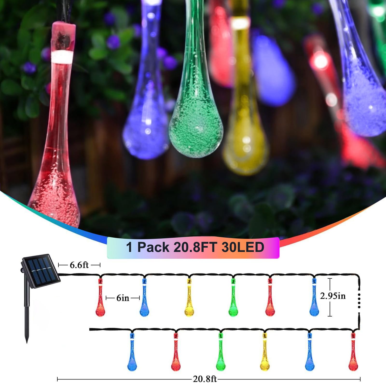 Solarleuchten für den Außenbereich, 6,3 m, 30 LEDs, Tropfenform, mehrfarbig, Lichterkette, LED-Außenlichter, wasserdicht, für Garten, Terrasse, Hof, Baum, Party, Hochzeit,