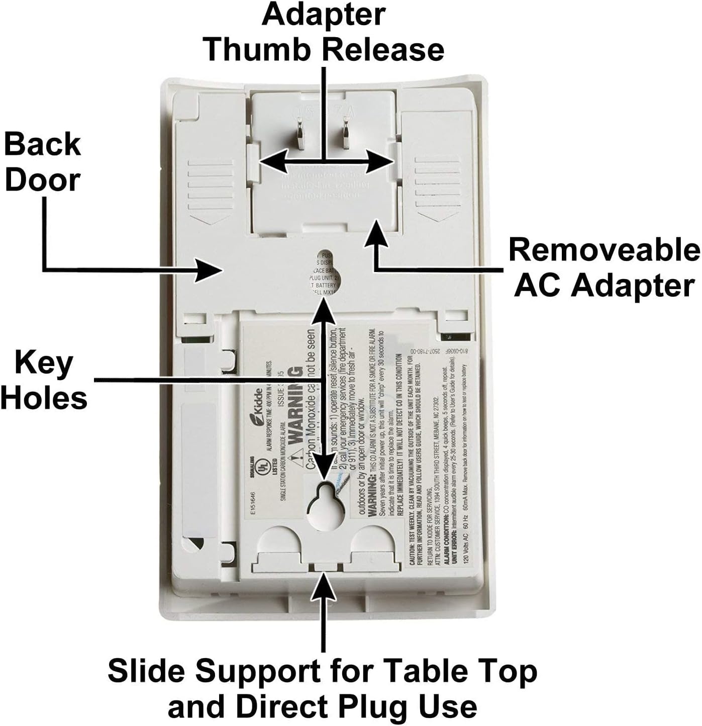 مؤخرة view of Kidde Carbon Monoxide Alarm with removable AC adapter.
