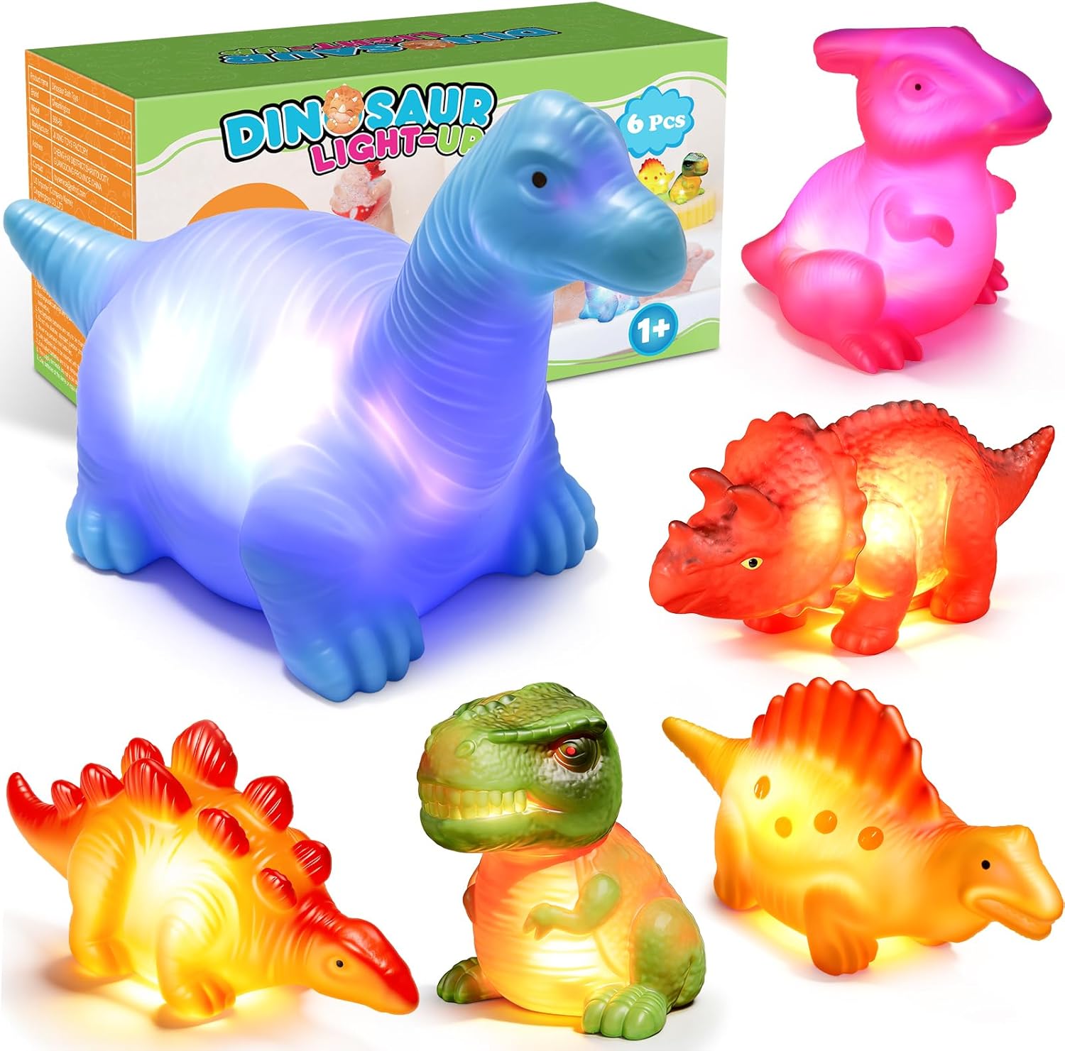 Baby Bath Toys for Toddlers 1-5, 6 Packs Light Up Floating Dinosaur Toys for Kids 1-5 Year Olds Boys Girls Halloween Xmas Birthday for Babies Age 1-5 Sensory Toys Preschool Bathtub Pool Shower Games