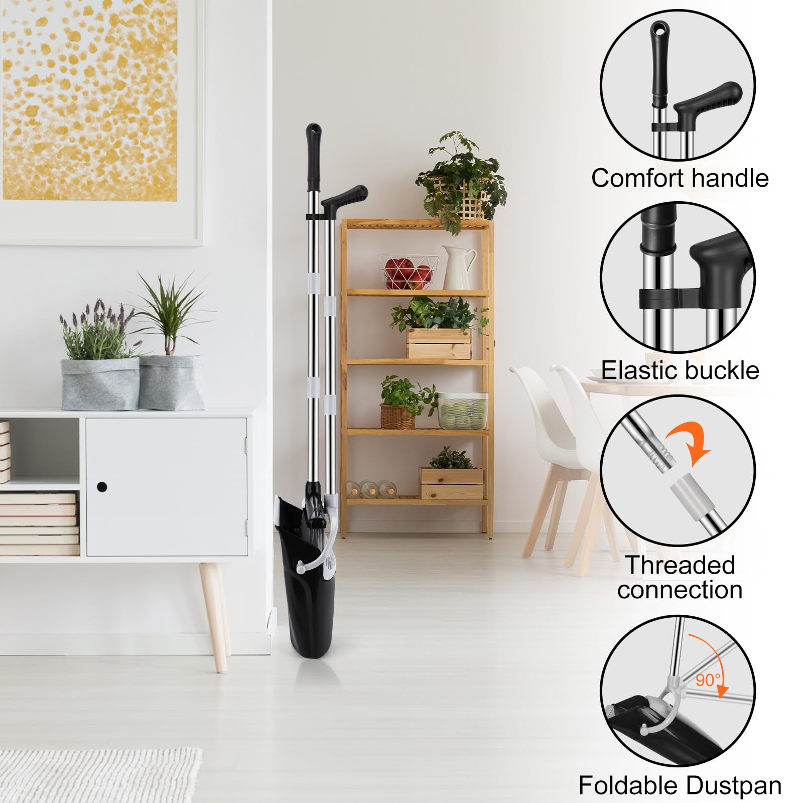 Scopa alta con Manico Estendibile a 123 cm – Set Scopa e Paletta,Kit Pulizie Leggero per Interni/Esterni,Cucina,Garage – scopa e paletta salvaspazio,con Design Moderno in Nero e grigio