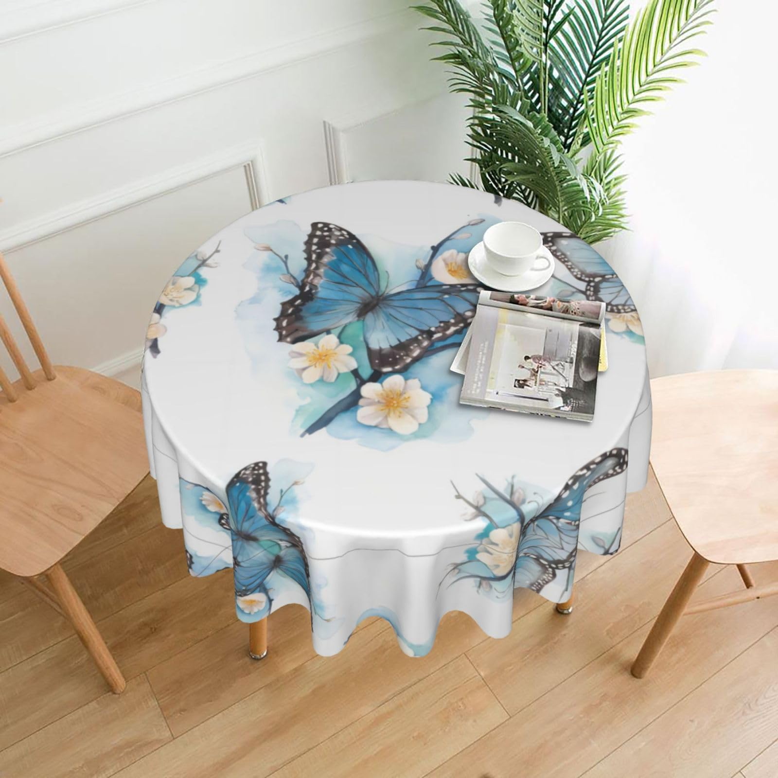 Hjfczh Black Blue Butterfly On Blossom Flo Prints Round Table Throw 60 Inch - Waterproof Table Cover - Soft & Wrinkle Resistant Decor Layer For Dinners, Parties & Everyday Use