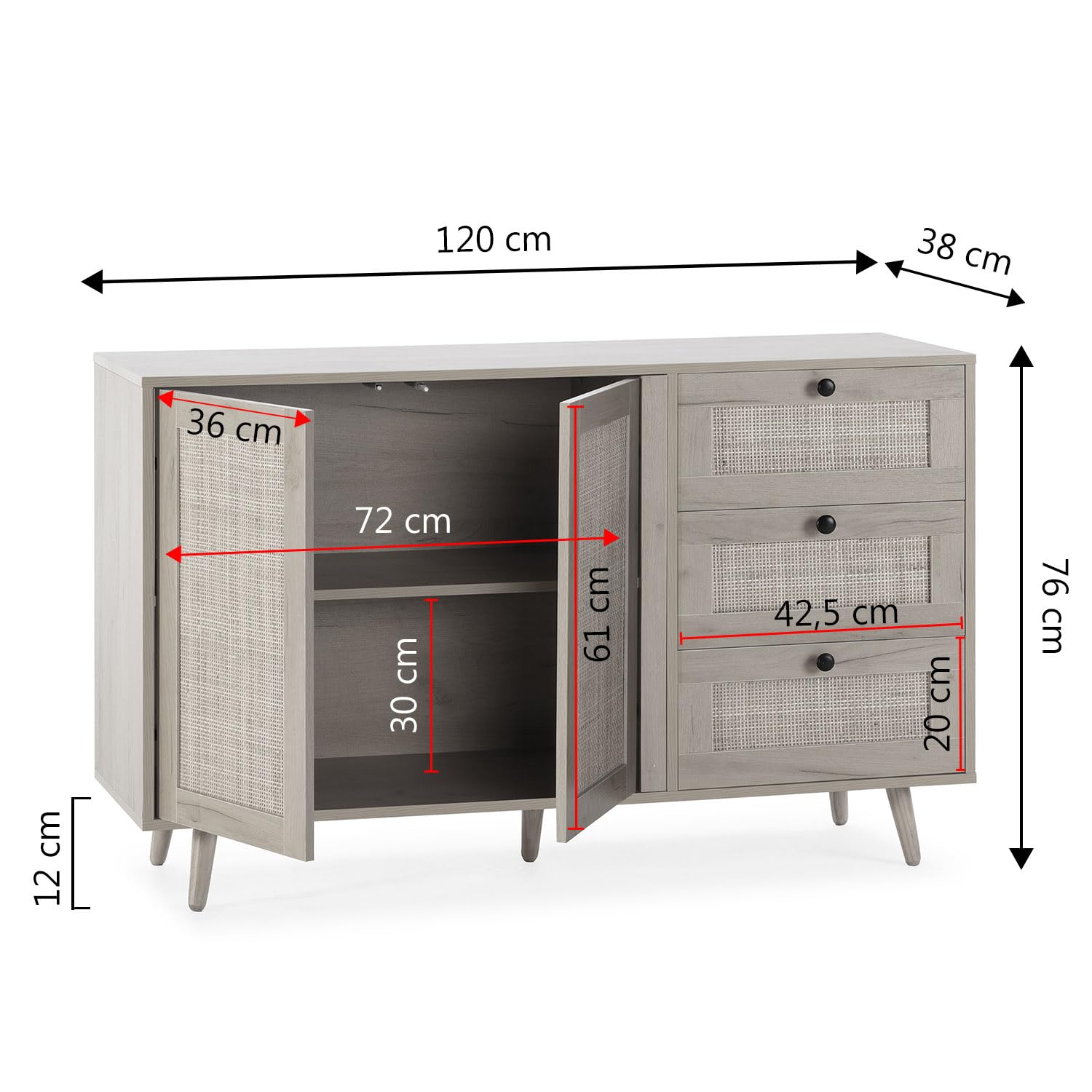 HOMN LIVING Aparador Bella 3 cajones y 2 Puertas Color Roble, guías metálicas, 120 cm (Ancho) 38 cm (Profundo) 76 cm (Altura)