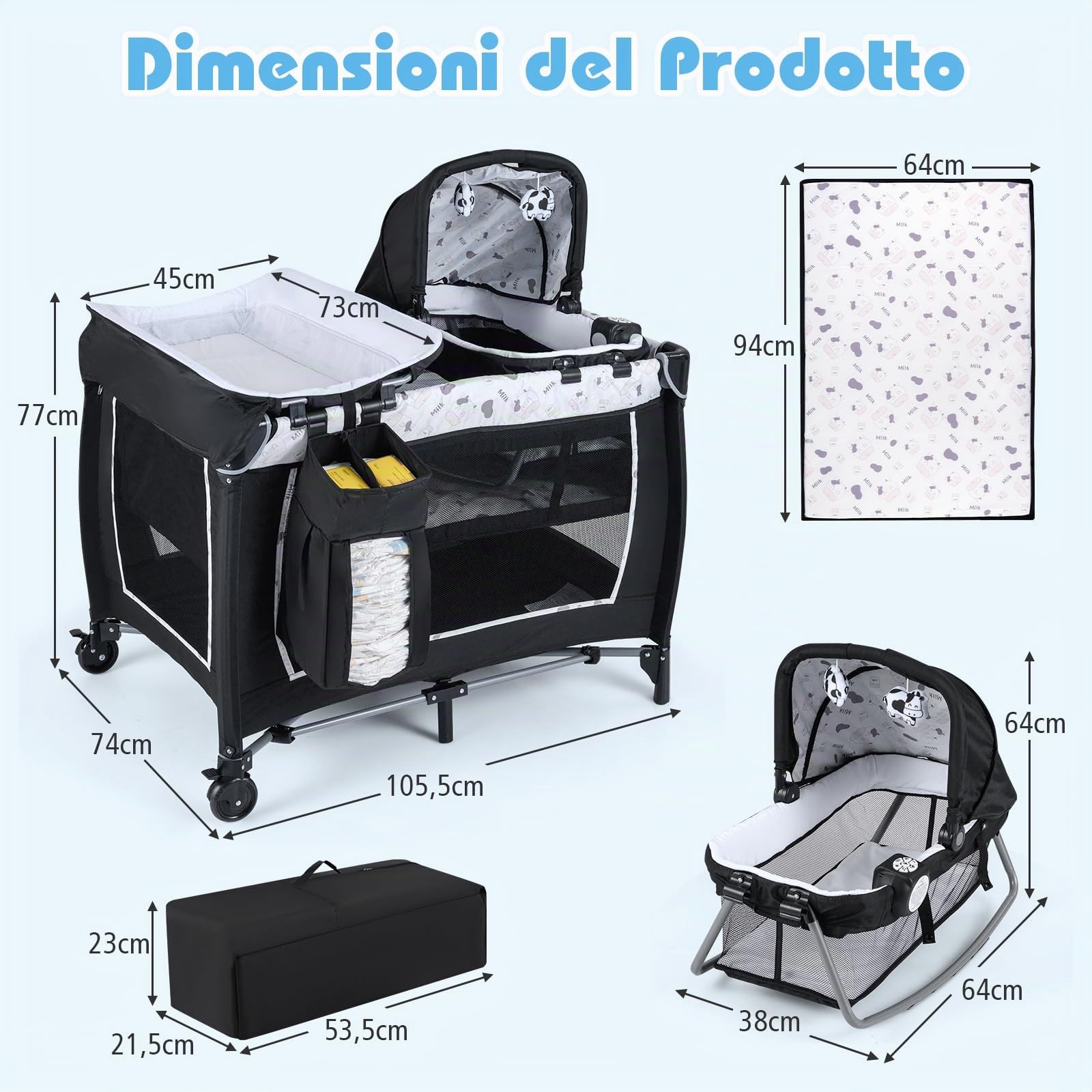 RELAX4LIFE 5 in 1 Culla Neonato con Materasso Sottile, Lettino da Campeggio per Bambini con Fasciatoio e Tettoia, Lettino da Viaggio con Ruote, 2 Giocattoli Appesi, per Bambini 0-3 Anni (Beige)