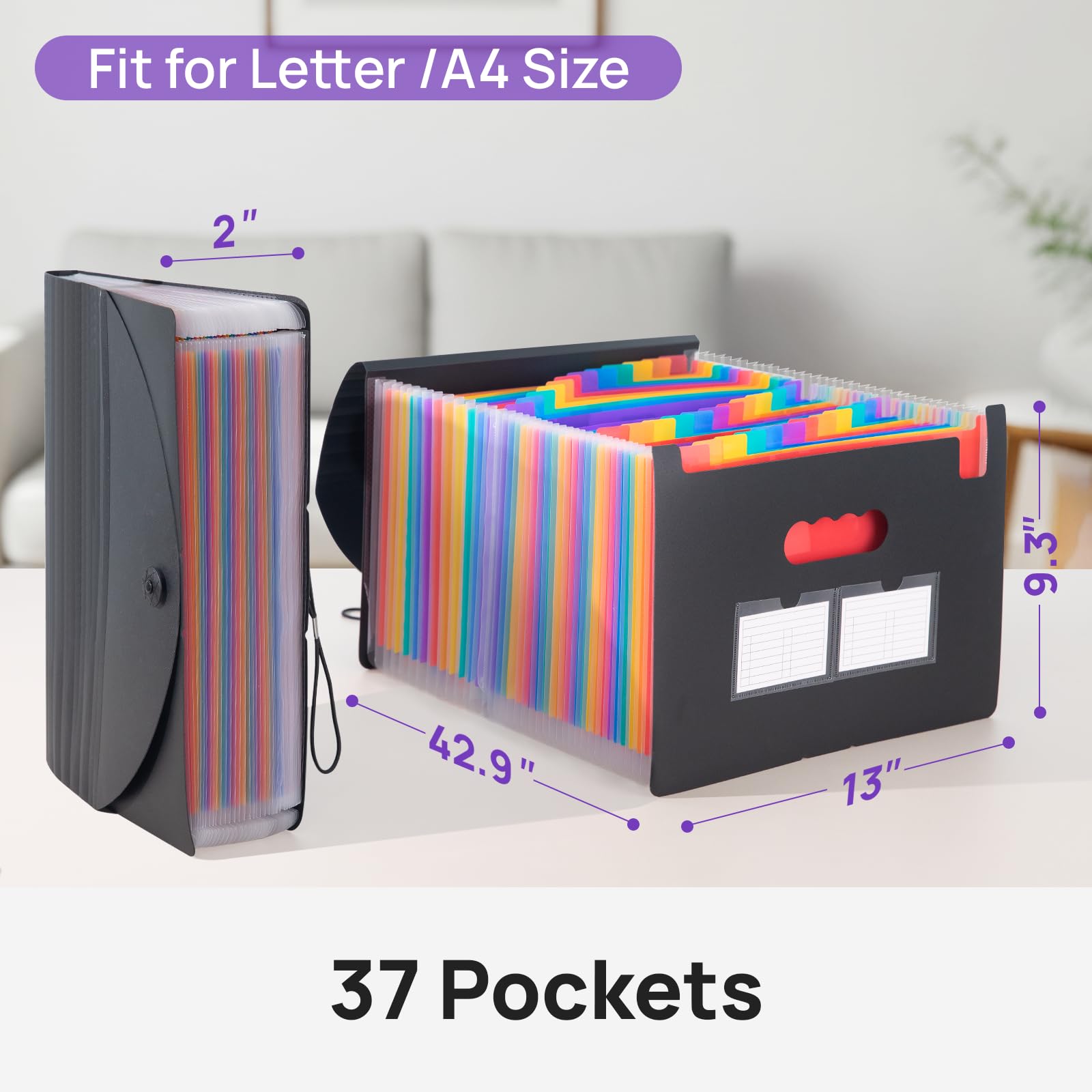 JEFURE Accordion File Organiser A4, 37 Pockets Expanding File Folder, Document Organiser with Sticker Cards, Portable Receipts Paperwork Organiser for Home, Office and School - Image 2