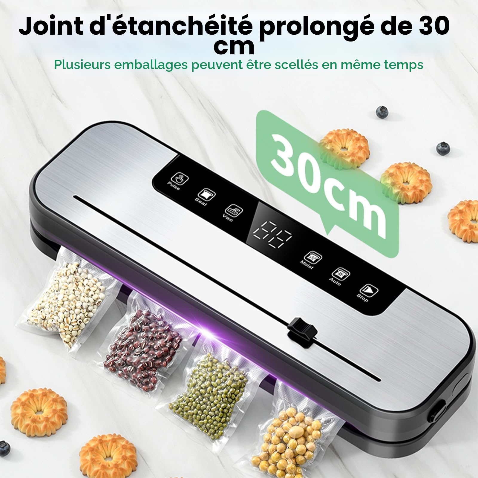 6 en 1 Machine Sous Vide Alimentaire, 75 KPA Appareil Sous Vide Alimentaire avec Mode Sec et Humide, Mise Sous Vide Alimentaire avec Couteau de Coupe à 50 Sacs Sous Vide