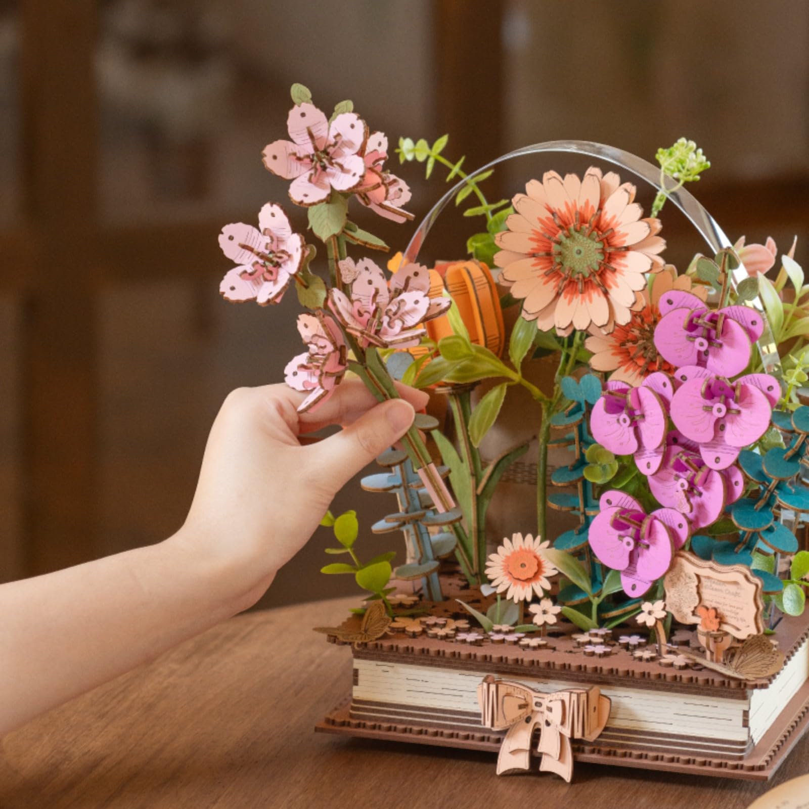 ROWOOD Drewniane puzzle 3D z kwiatami, zestaw do samodzielnego wykonania, kreatywny model dla dorosłych, dekoracyjne drewniane kwiaty, prezent dla kobiet i mężczyzn
