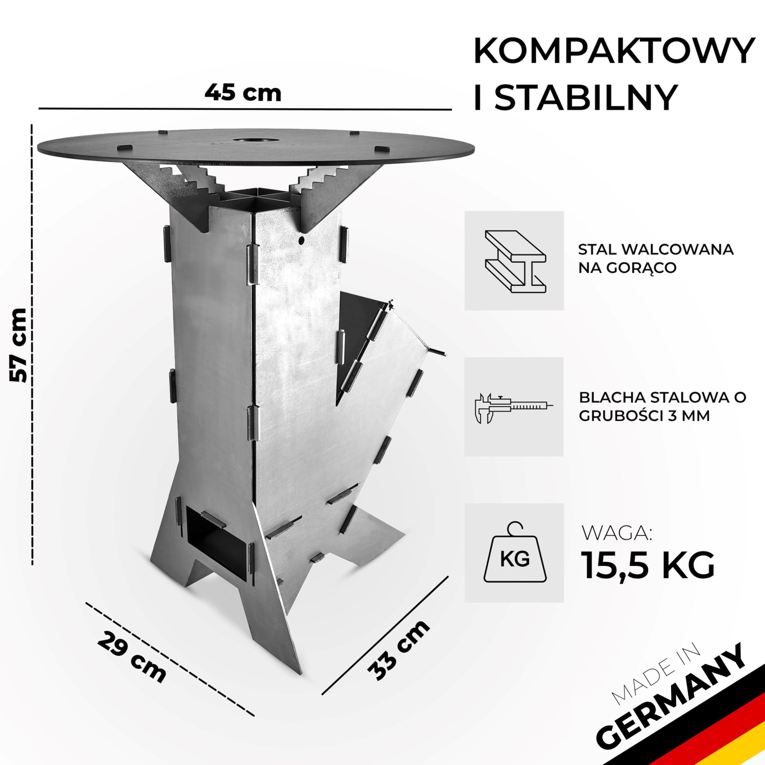 GRAFT Piecyk rakietowy wraz z płytą Rocket Stove wykonany z litej stali 3 mm | miska ogniowa | piec na pellet, drewno | kuchenka kempingowa | grill | kuchenka na drewno