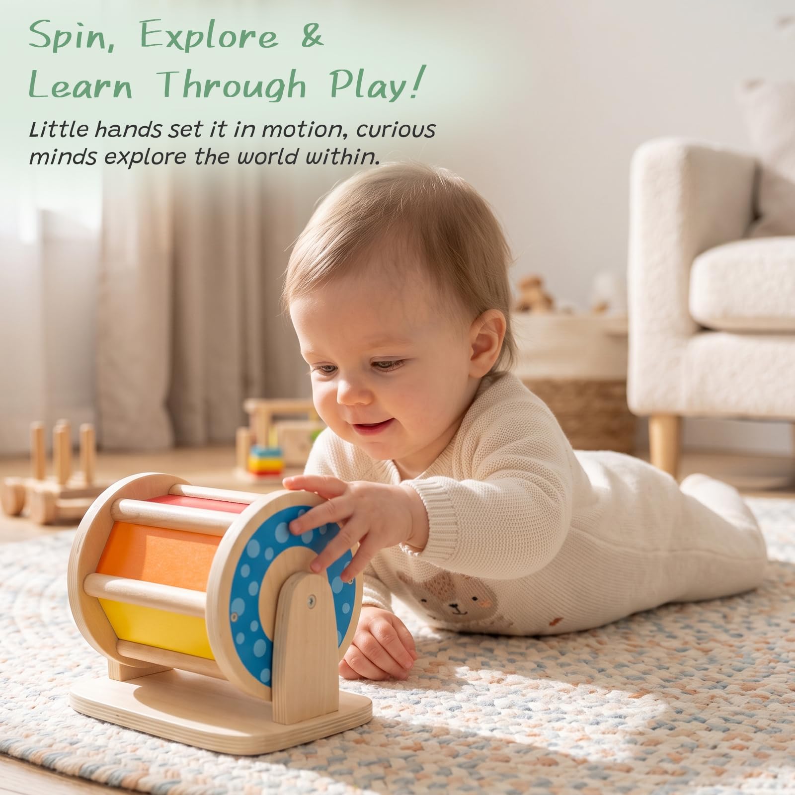 WOODENFUN Tambour Rotatif Arc-en-Ciel Bois Montessori Miroir Musical bébés 6-12 Mois