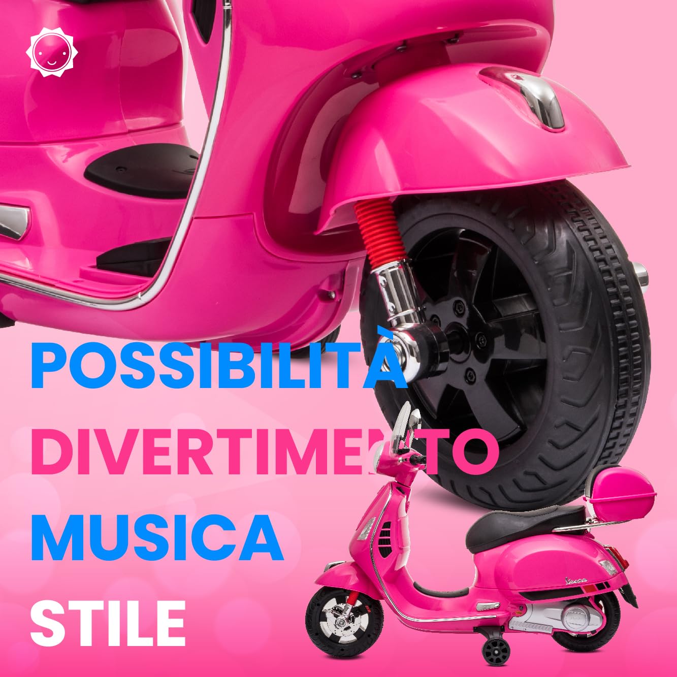 Moto elettrica per bambini Vespa, Motocicletta con ruote e sedile in plastica, bagagliaio, lettore MP3, presa AUX USD MicroSD (Fuchsia)