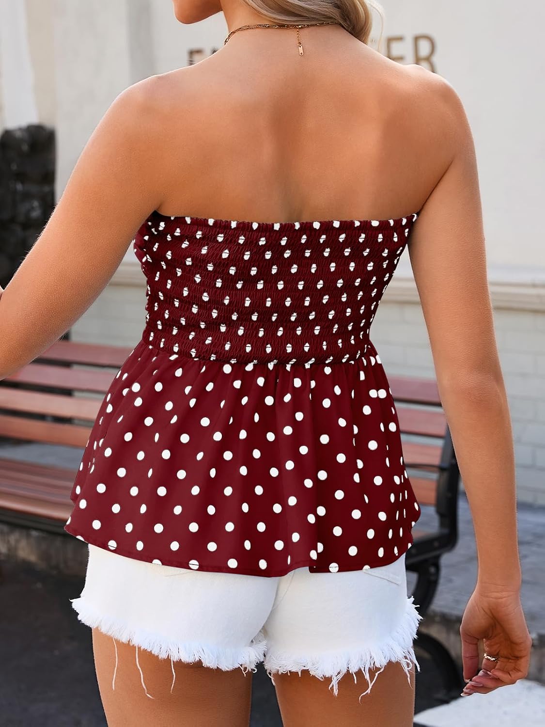 Tankaneo Womens Strapless Polka Dot Tube Tops Cute Backless Peplumn Ruffle Hem Bandeau Top Slim Fit Y2k Tank Tops - Image 3