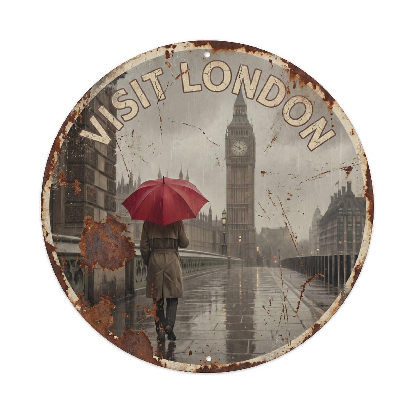 Fqcyn Style Vintage Travel England Umbrella Rainy Metal Tin Sign