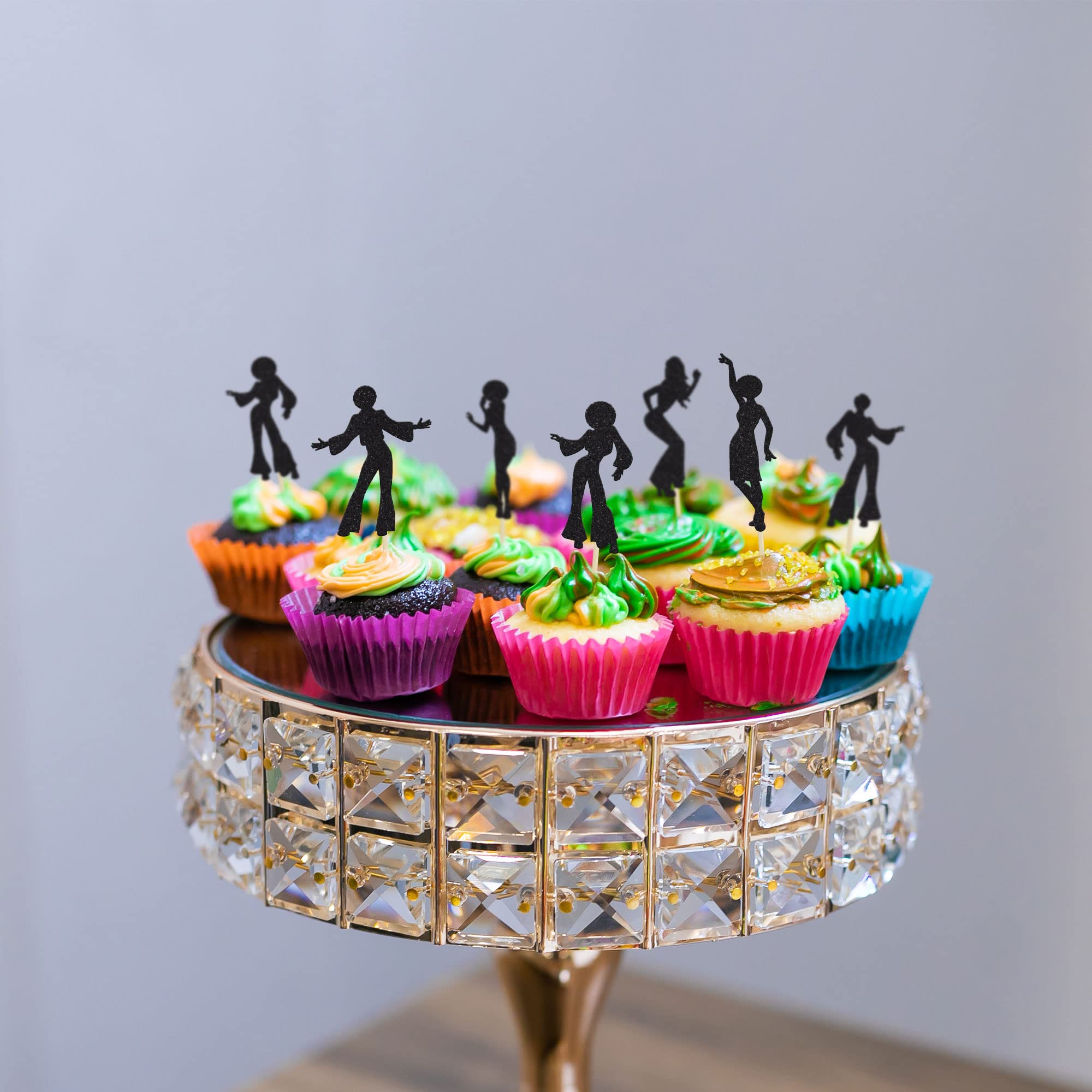 24 Adornos Negros Para Cupcakes De Discoteca Con Purpurina De Los Años 70, Selecciones De Cupcakes De Baile De Discoteca, Decoraciones De Pasteles Para Temática Musical, Suministros De Boda Y Fiesta