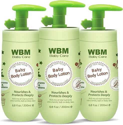 WBM Care Baby Lotion  Nutre y protege profundamente  Loción facial y corporal con miel natural y aceite de germen de trigo, 6.8 onzas (paquete de 3)