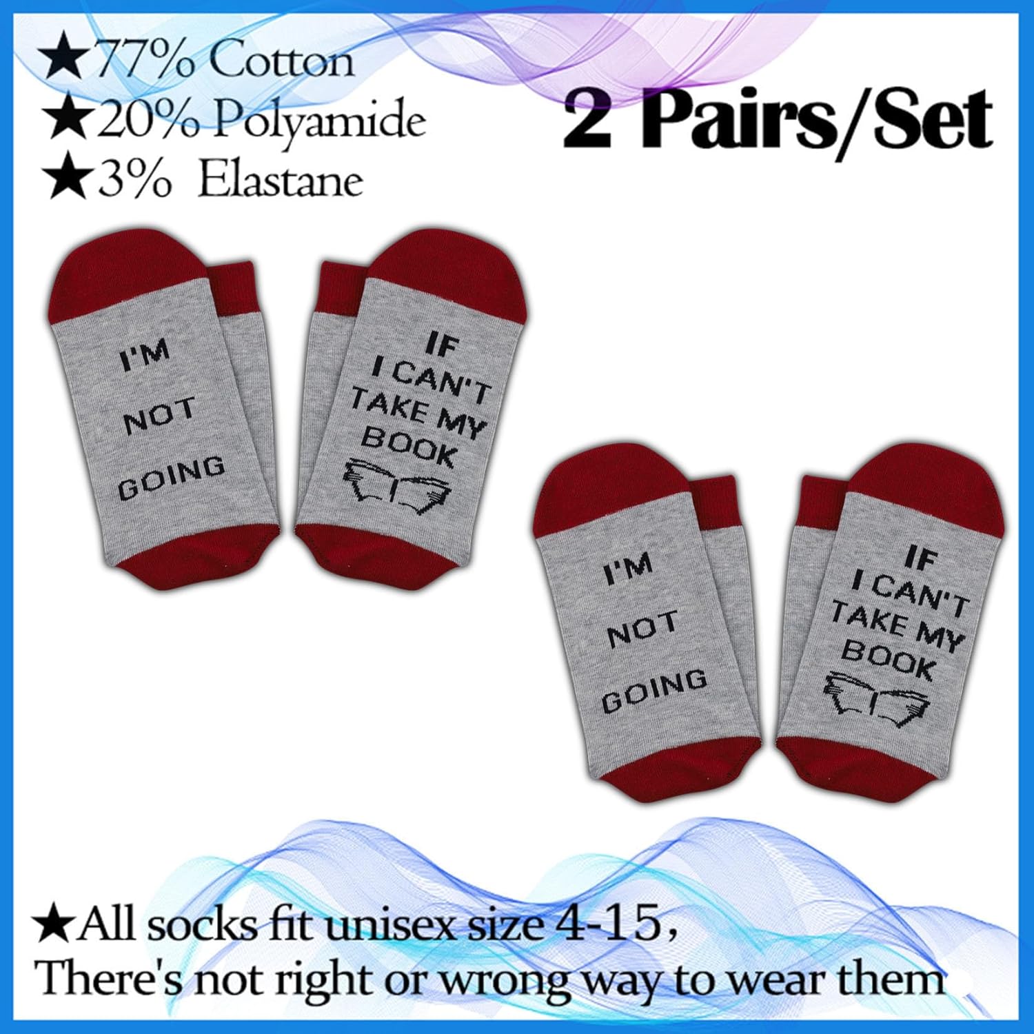 PXTIDY 2 Pairs Book Lovers Socks If I Can't Take My Book I'm Not Going Reading Bookworm Novelty Socks Book Lover Gift - Image 2