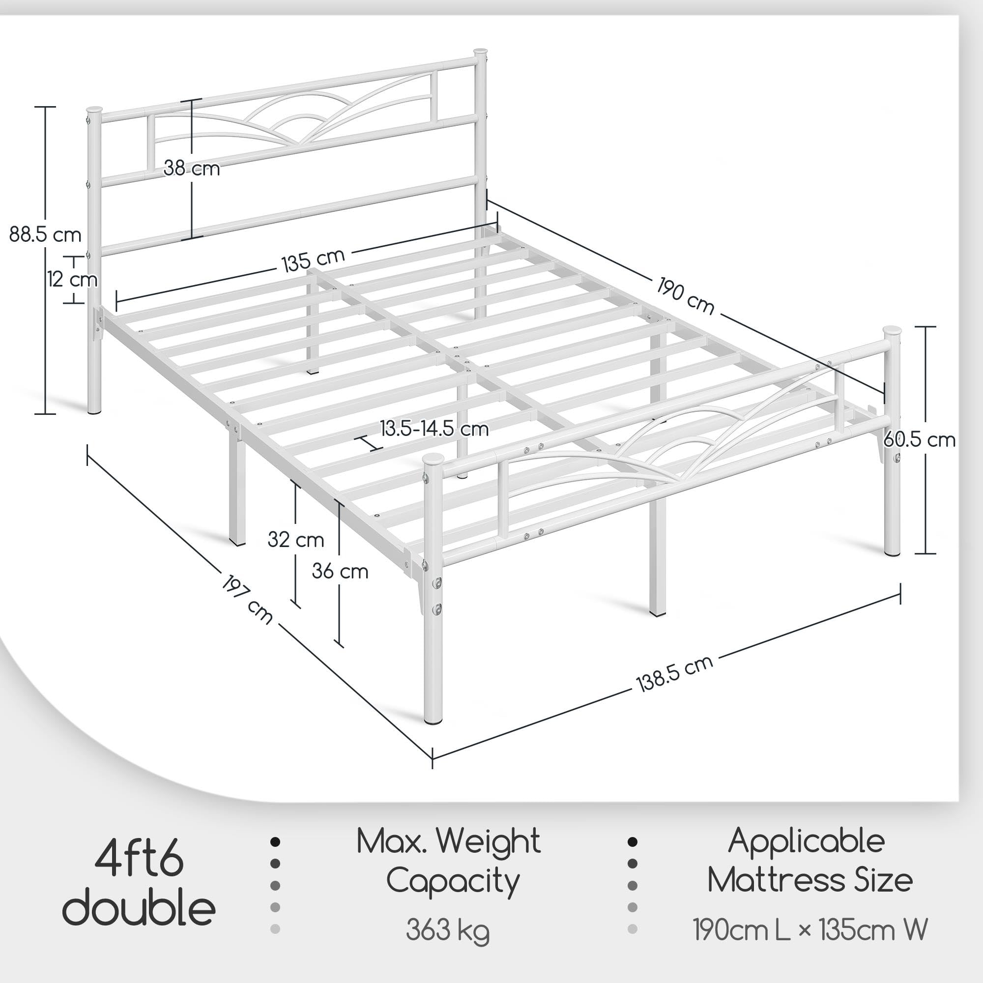 Yaheetech Cama Doble Marco Metal 32 cm 135 x 190 cm Blanco