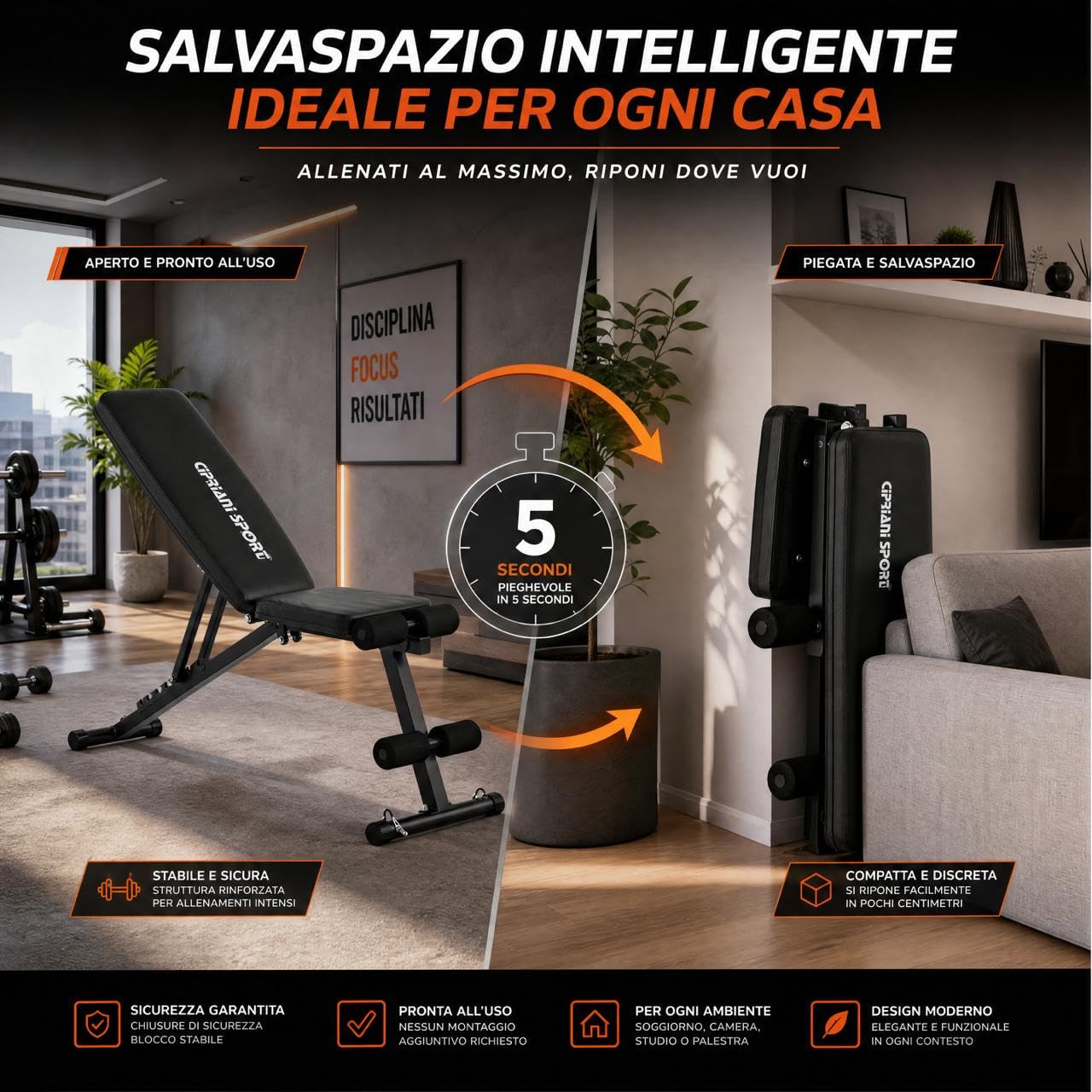 Panca Palestra Regolabile Pieghevole, Panca Piana Inclinata per Addominali e Pesi, Uso Casa e Palestra