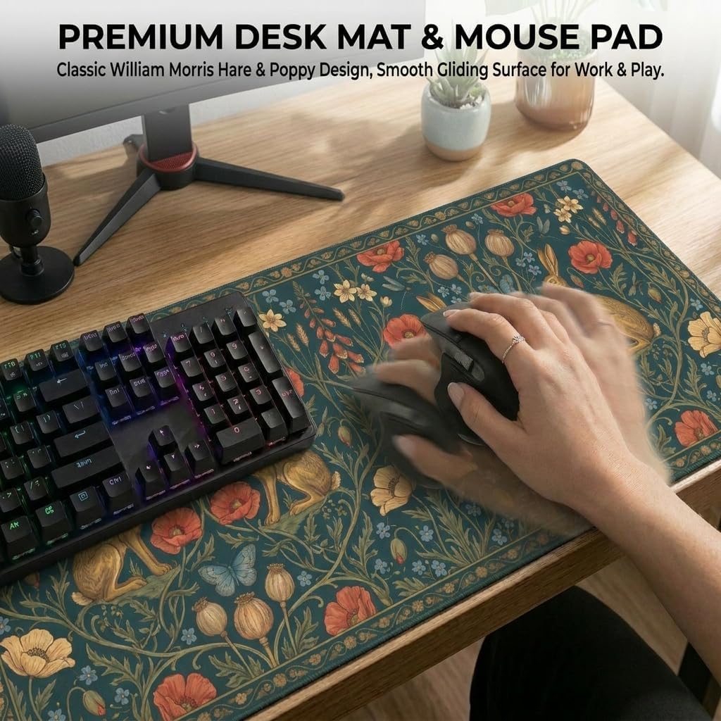 CONCISE Large Desk Mat 35.4x15.7, Dark Green Golden Hare Floral Mouse Pad image 4