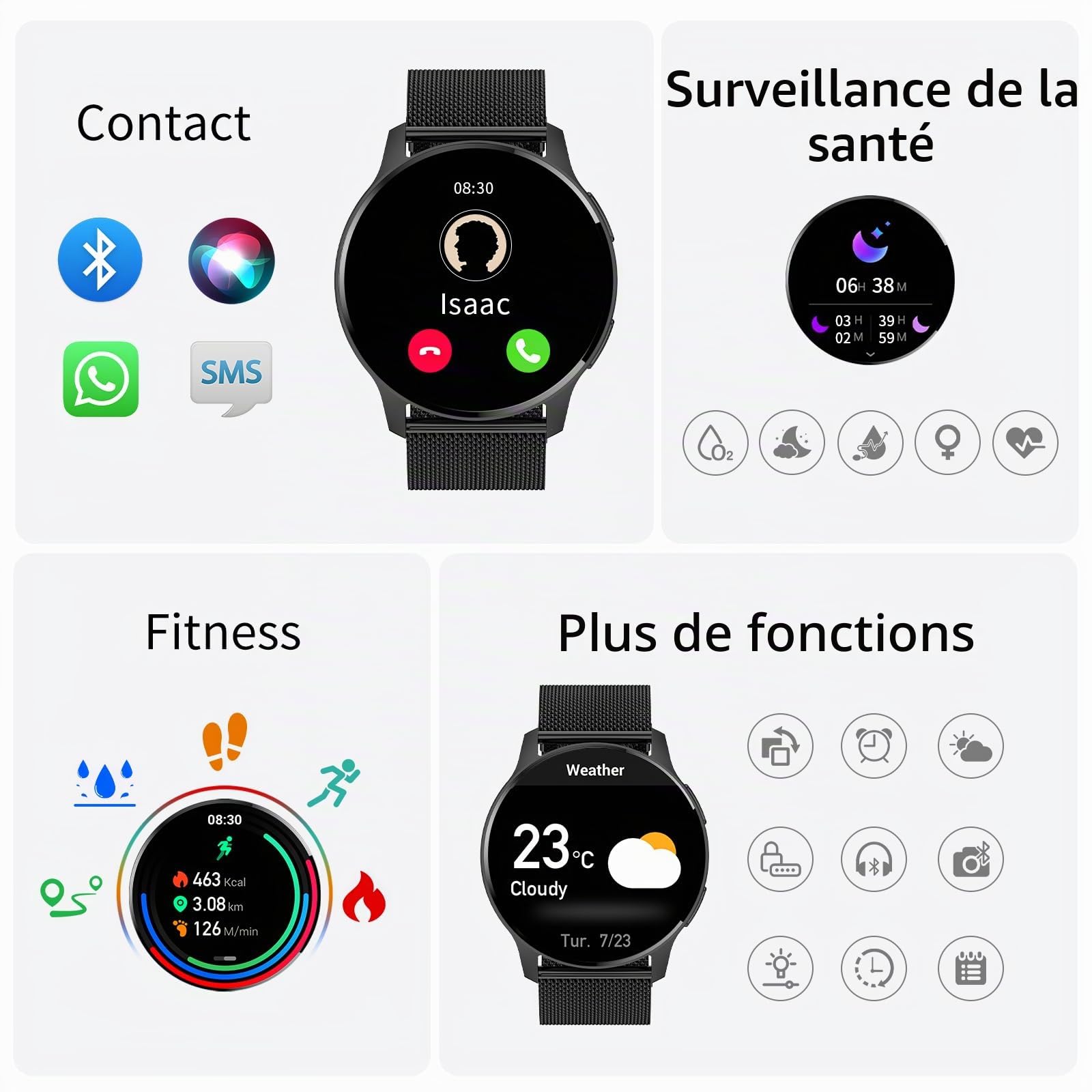 Montre Connectée Femme Homme Appel Bluetooth Podometre Sommeil | Écran 1,34" HD Étanche Smartwatch Ronde Cardiofrequencemetre Menstruel Cycle Cadeau- Android iOS [3 Bracelets]