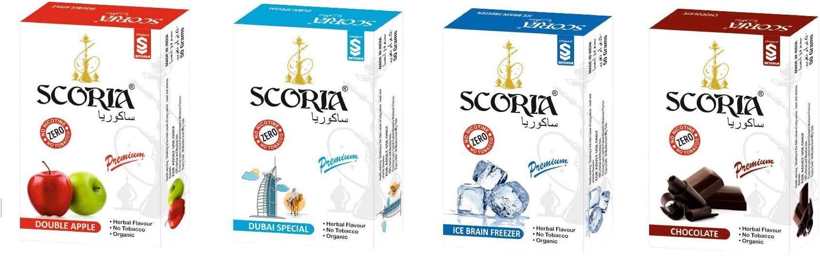 SCORIA Herbal Hookah Molasses (100% Nicotine and Tobacco Free) SCORIA Double Apple, Dubai Special, Ice Brain Freezer, Chocolate Hookah Flavor (Pack of 4)