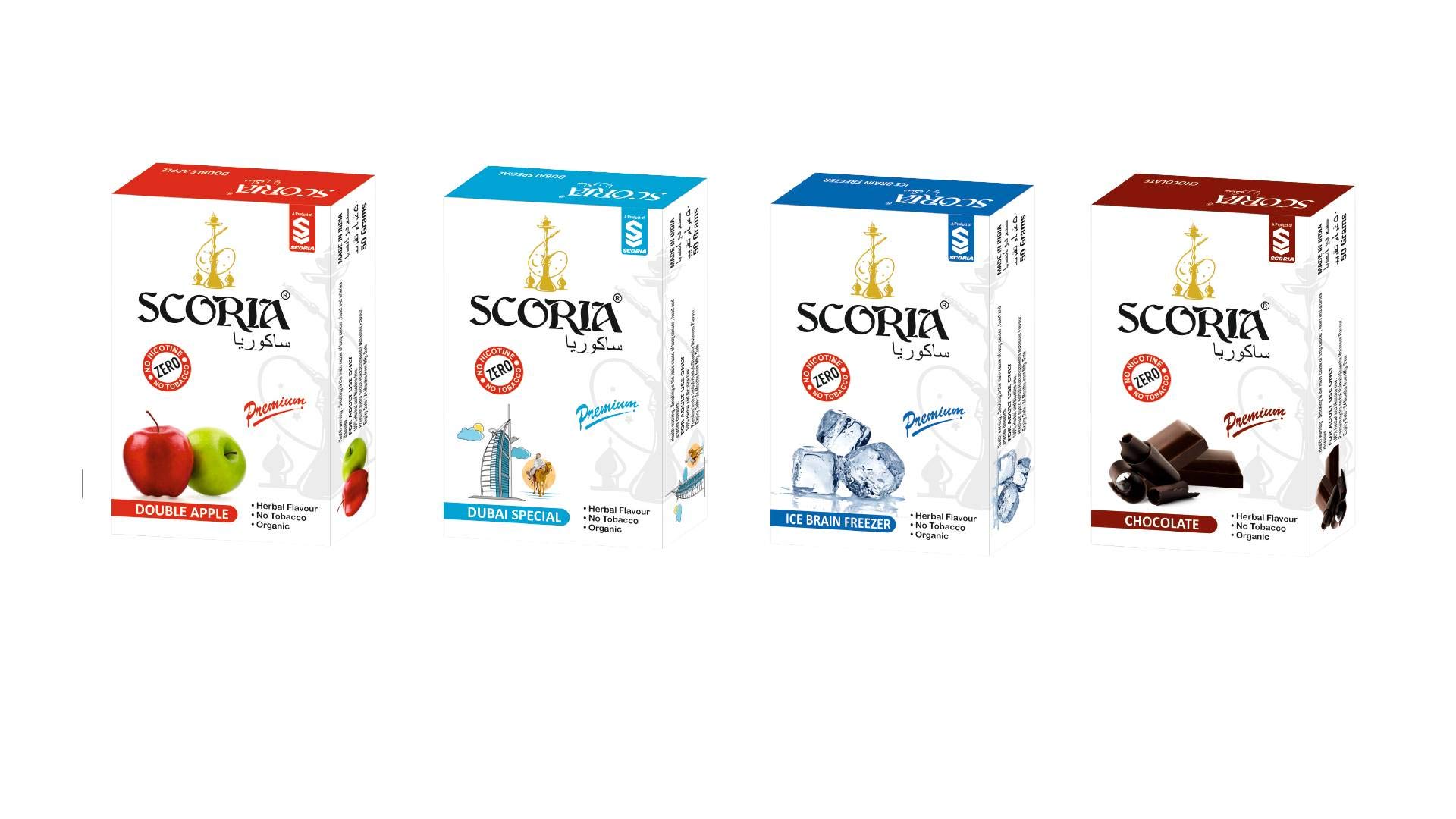 SCORIA Herbal Hookah Molasses (100% Nicotine and Tobacco Free) SCORIA Double Apple, Dubai Special, Ice Brain Freezer, Chocolate Hookah Flavor (Pack of 4)