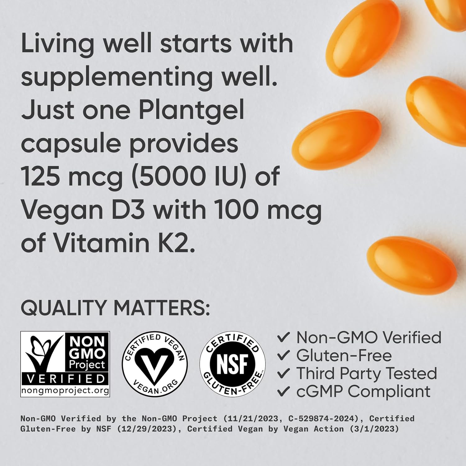 Sports Research Vitamin D3 K2 with 5000iu of Plant-Based D3 & 100mcg of Vitamin K2 as MK-7, Non-GMO Verified & Vegan Certified - 160 Liquid Softgels