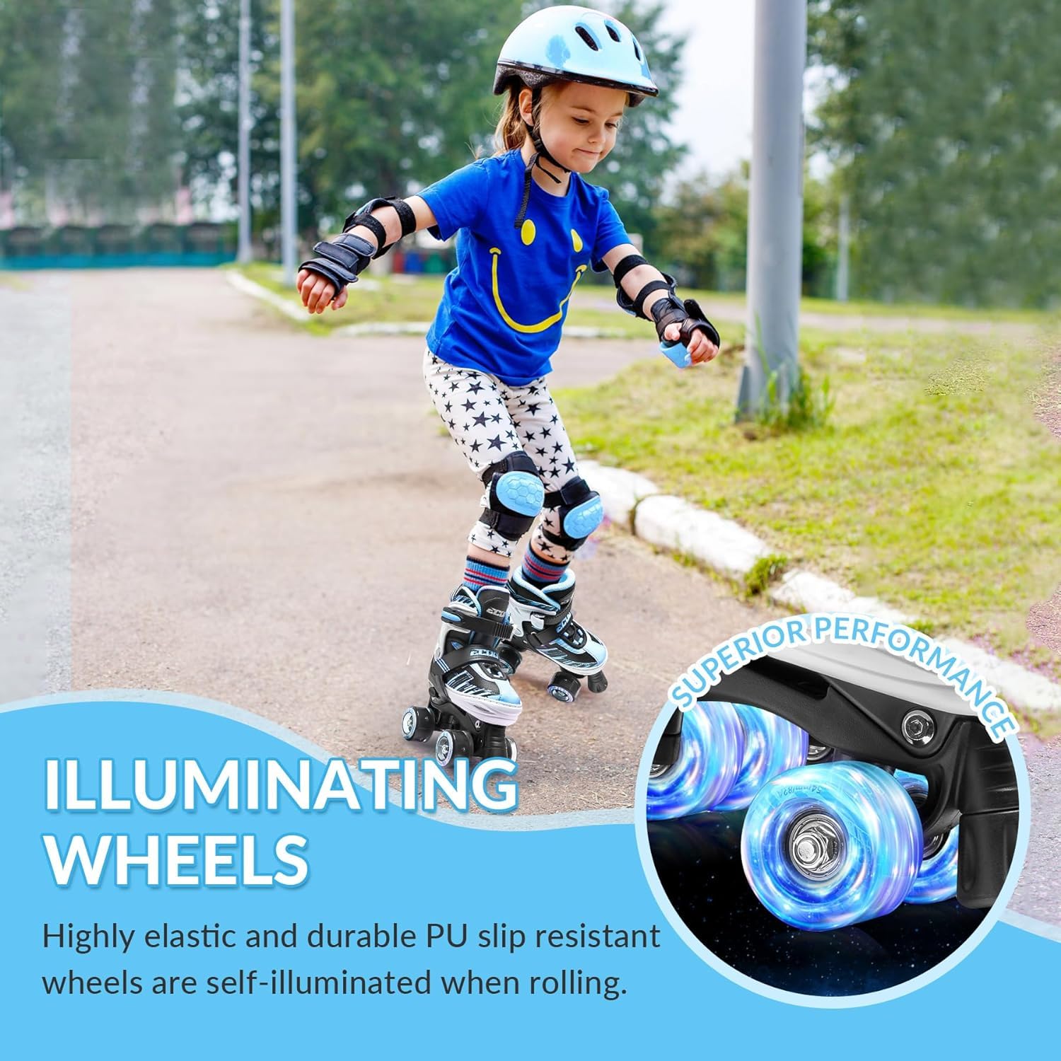 Patines para niñas y niños de 4 a 12 años, ruedas ajustables con luz de 4 tamaños, patines para principiantes (azul, mediano y grande (13j-3 US)) 4
